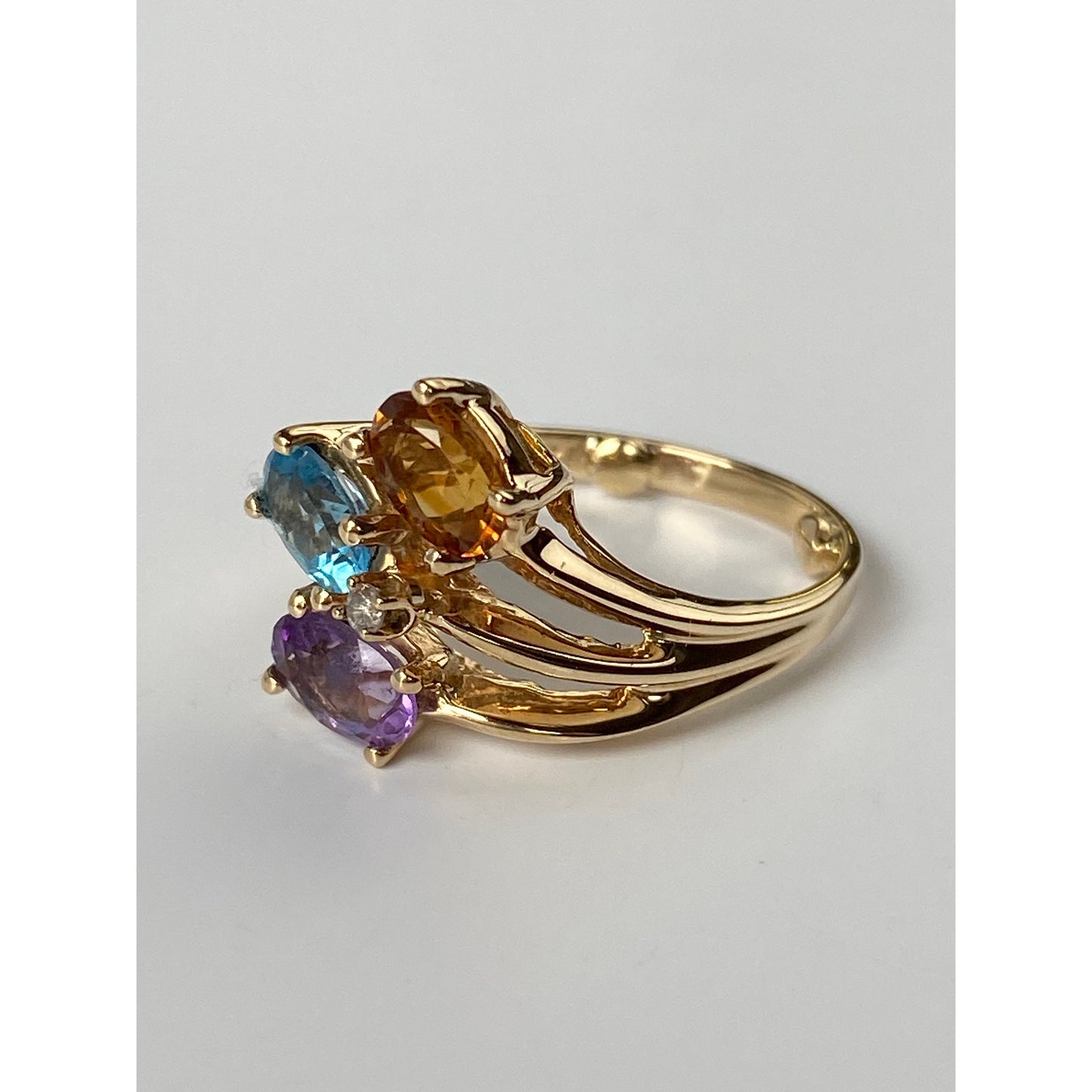 Vintage Solid 14k Yellow Gold Topaz Citrine Amethyst Diamond Ring - Size 4.75