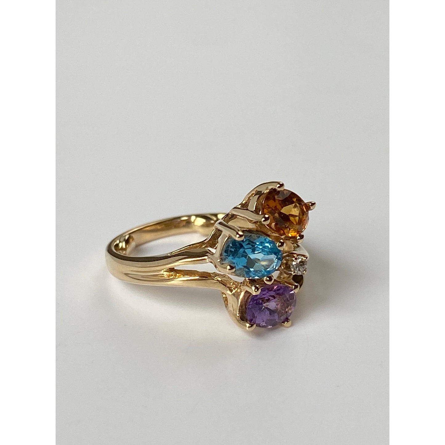 Vintage Solid 14k Yellow Gold Topaz Citrine Amethyst Diamond Ring - Size 4.75