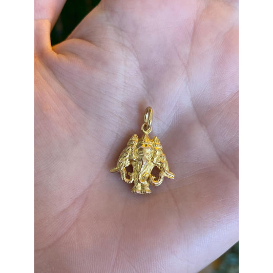 Vintage Solid 14k Yellow Gold Thai Three Elephant Head Charm
