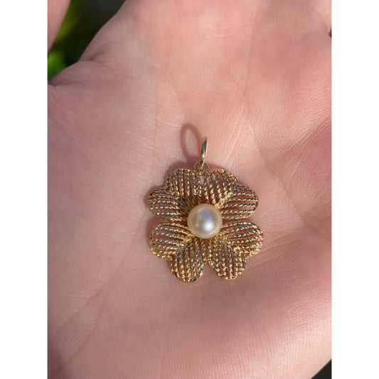 Vintage Solid 14k Yellow Gold Pearl Four Leaf Clover Charm