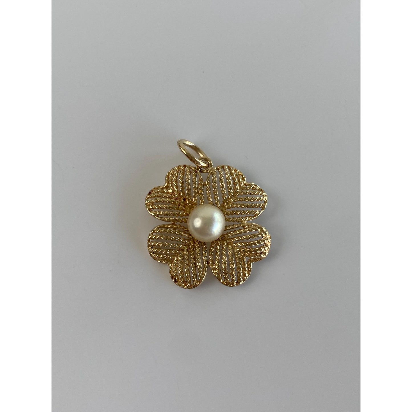 Vintage Solid 14k Yellow Gold Pearl Four Leaf Clover Charm