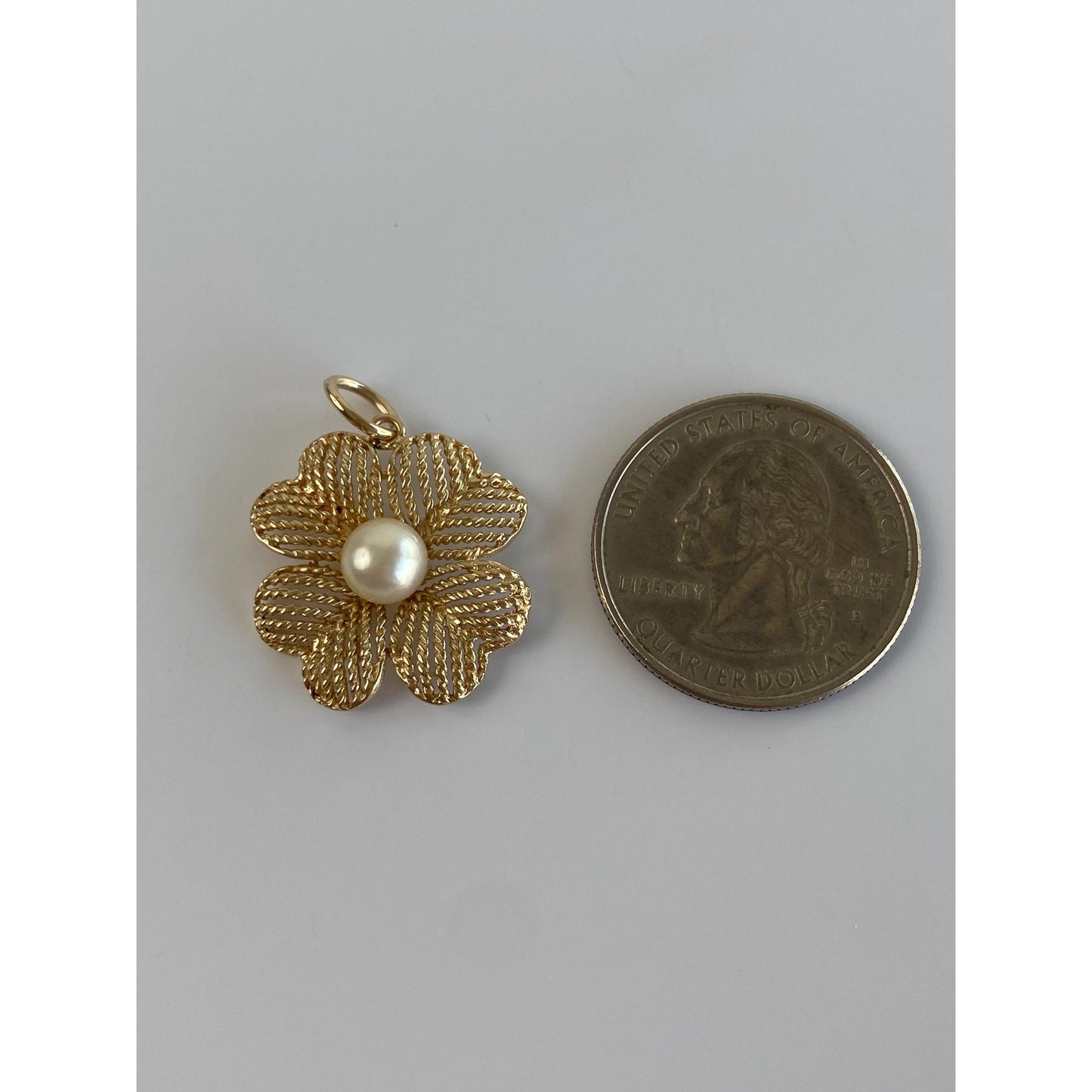 Vintage Solid 14k Yellow Gold Pearl Four Leaf Clover Charm