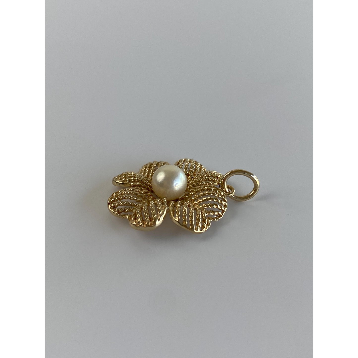 Vintage Solid 14k Yellow Gold Pearl Four Leaf Clover Charm
