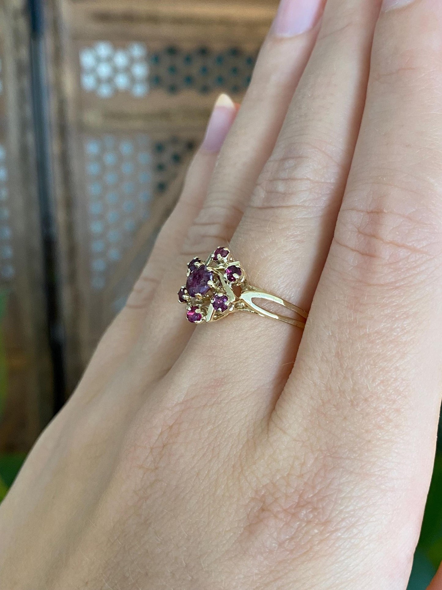 Vintage Solid 14k Yellow Gold Ruby Cluster Ring - Size 7.25