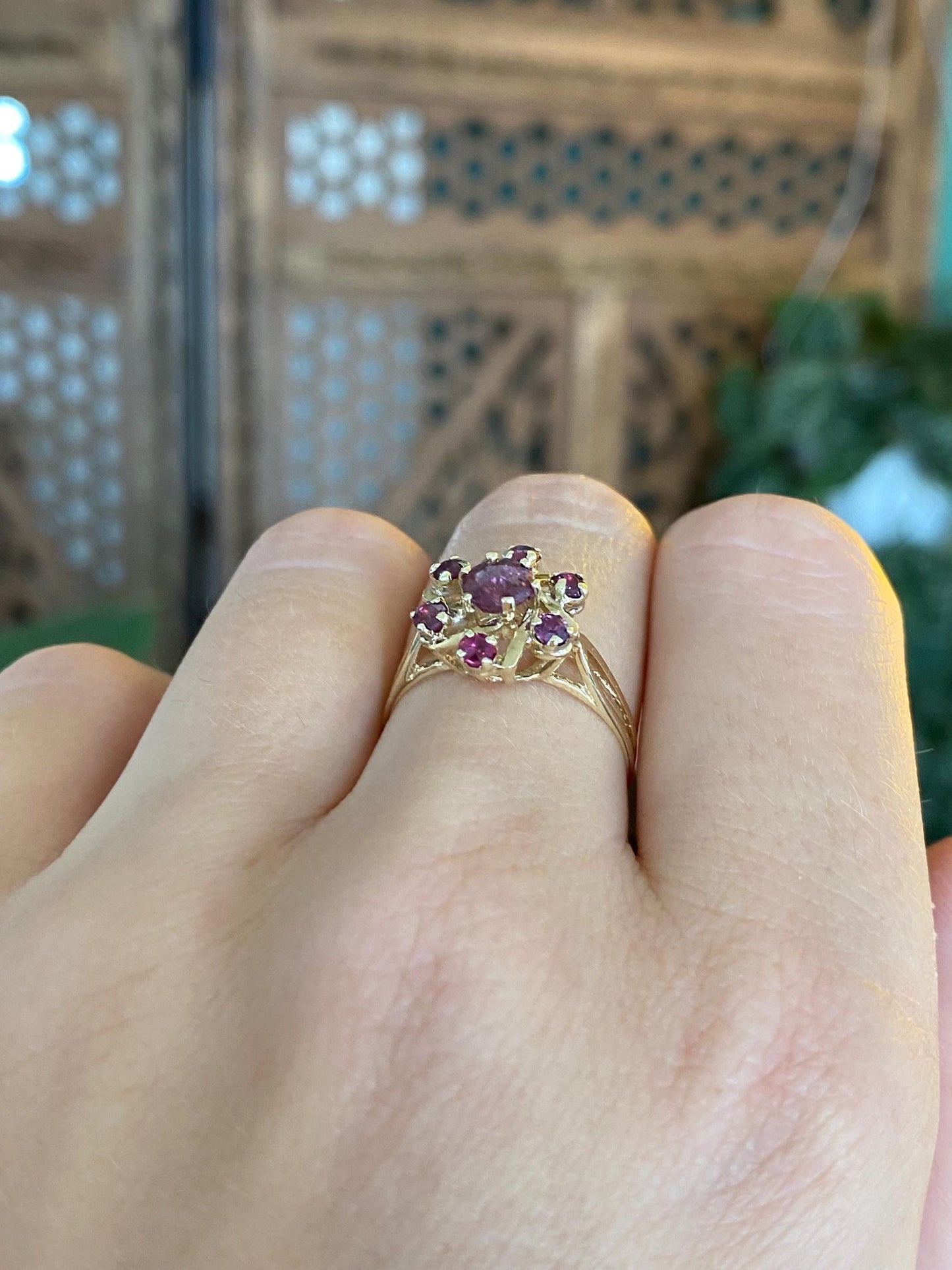Vintage Solid 14k Yellow Gold Ruby Cluster Ring - Size 7.25