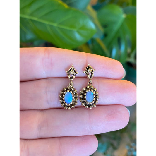 Vintage Solid 14k Yellow Gold Opal Ornate Dangle Stud Earrings