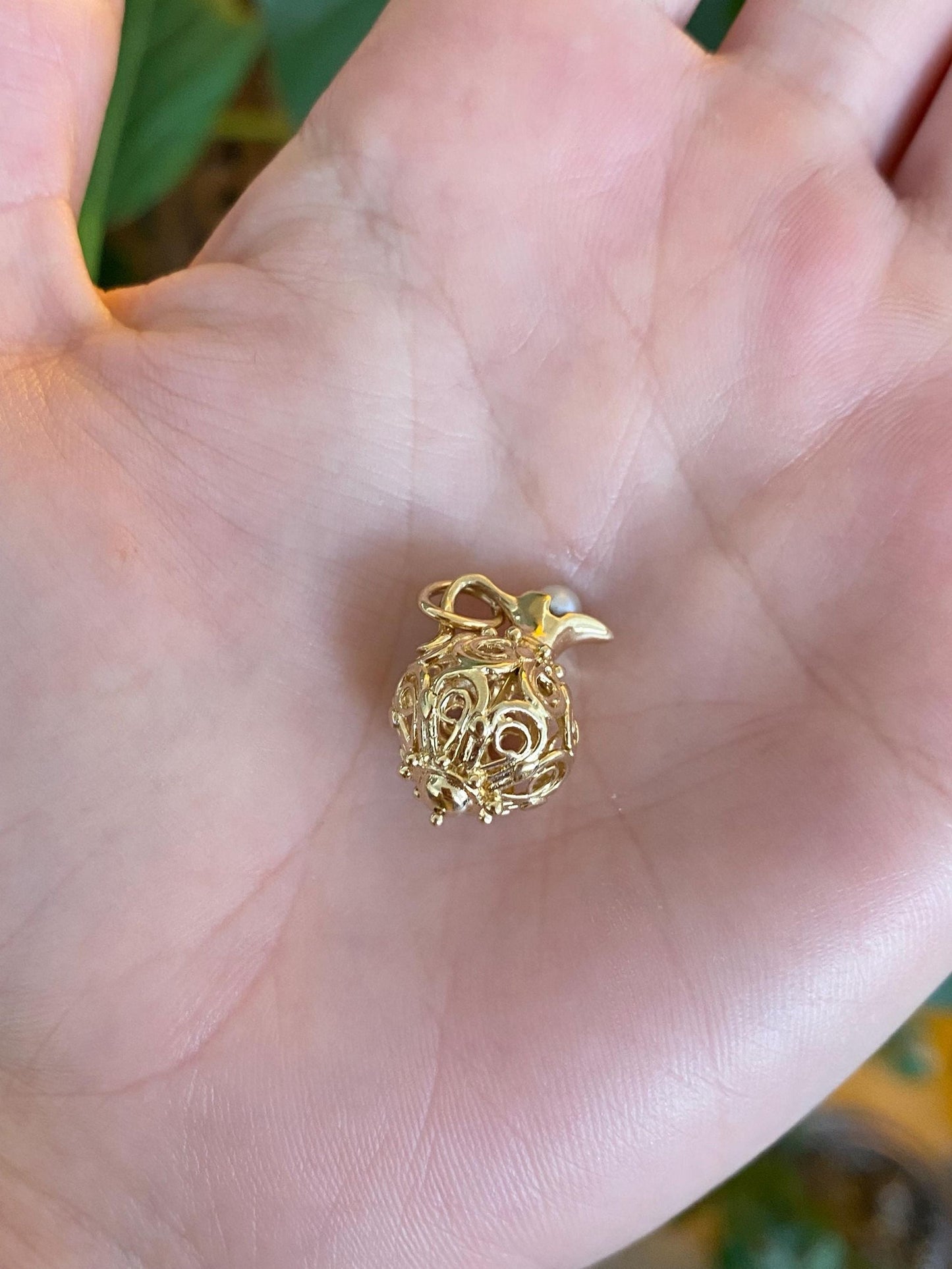 Vintage Solid 14k Yellow Gold Pearl Open Work Pitcher Charm