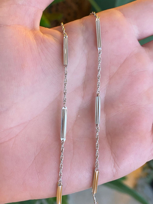 Vintage Solid 14k White Gold Textured Bar Link Twist Chain Necklace - 16.25 inches