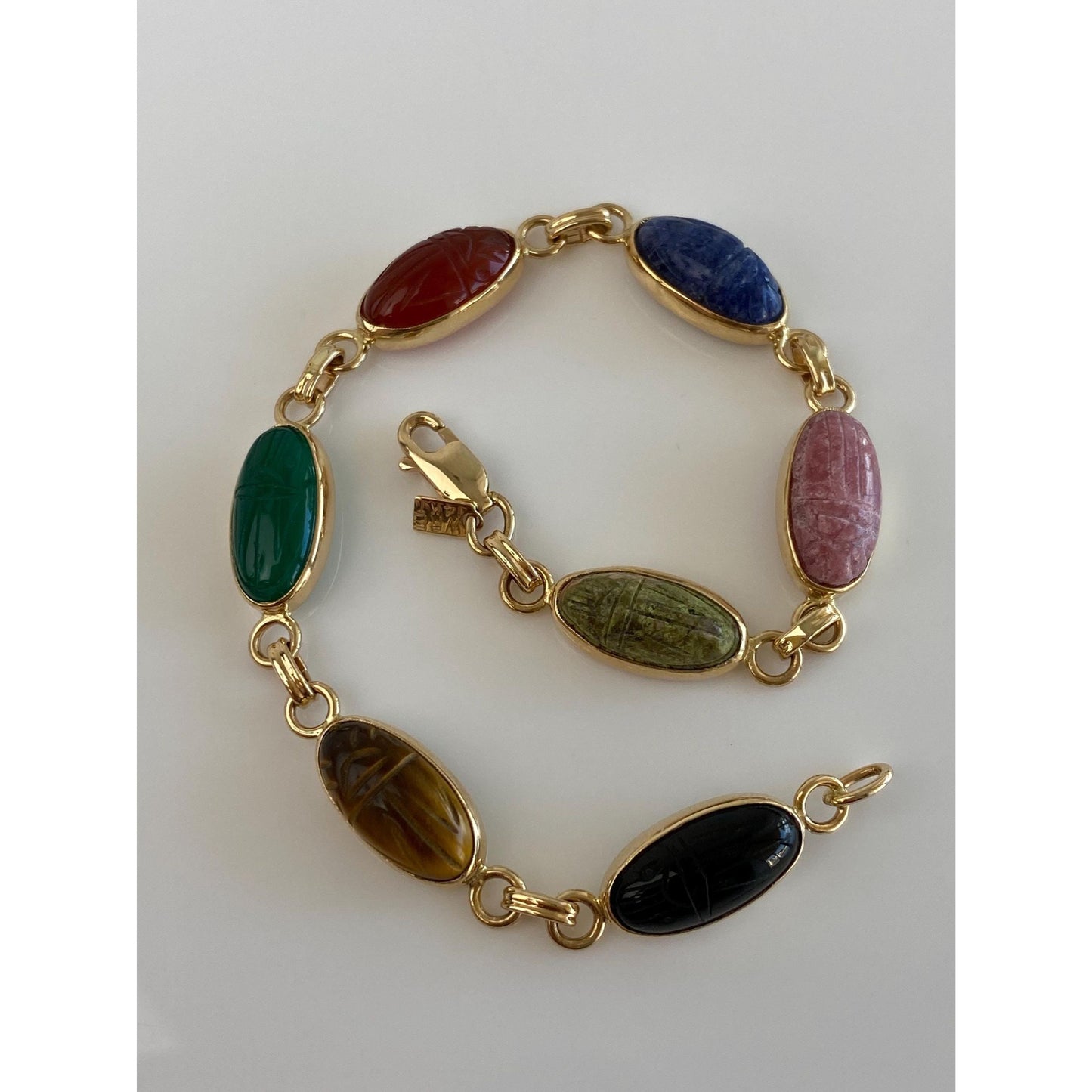 Solid 14k Yellow Gold Agate Rhodolite Lapis Carnelian Green Chalcedony Tigers Eye Onyx Carved Scarab Link Bracelet - 7.5 inches