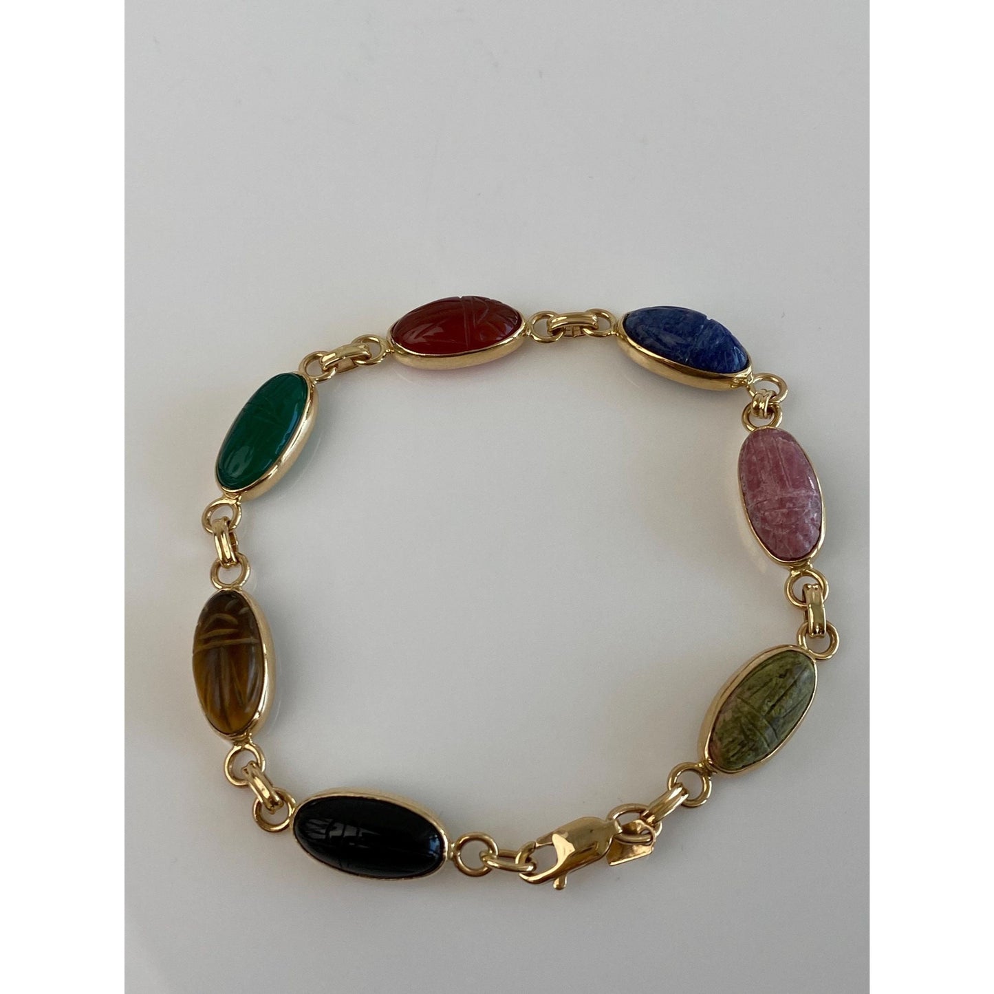 Solid 14k Yellow Gold Agate Rhodolite Lapis Carnelian Green Chalcedony Tigers Eye Onyx Carved Scarab Link Bracelet - 7.5 inches