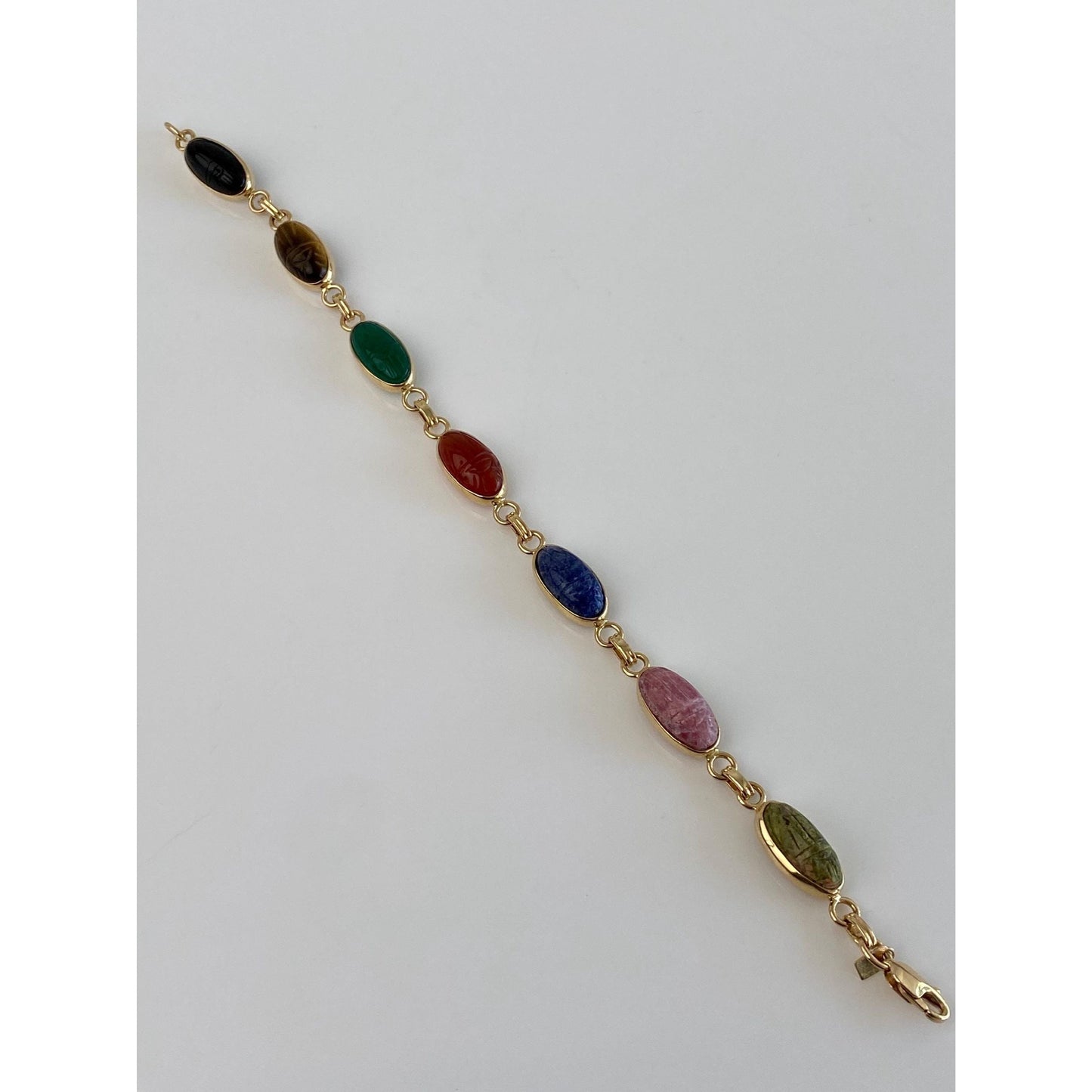 Solid 14k Yellow Gold Agate Rhodolite Lapis Carnelian Green Chalcedony Tigers Eye Onyx Carved Scarab Link Bracelet - 7.5 inches