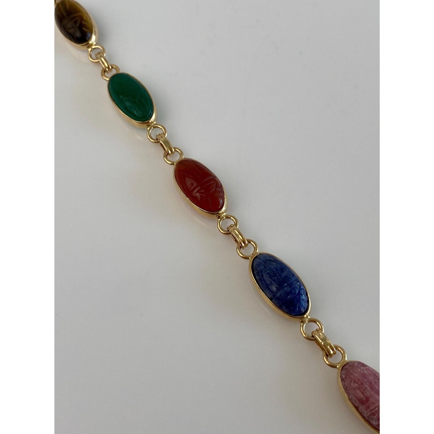 Solid 14k Yellow Gold Agate Rhodolite Lapis Carnelian Green Chalcedony Tigers Eye Onyx Carved Scarab Link Bracelet - 7.5 inches
