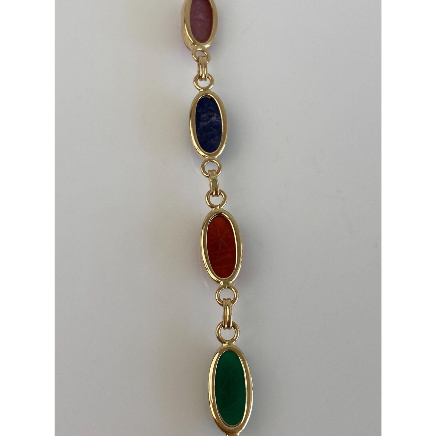Solid 14k Yellow Gold Agate Rhodolite Lapis Carnelian Green Chalcedony Tigers Eye Onyx Carved Scarab Link Bracelet - 7.5 inches