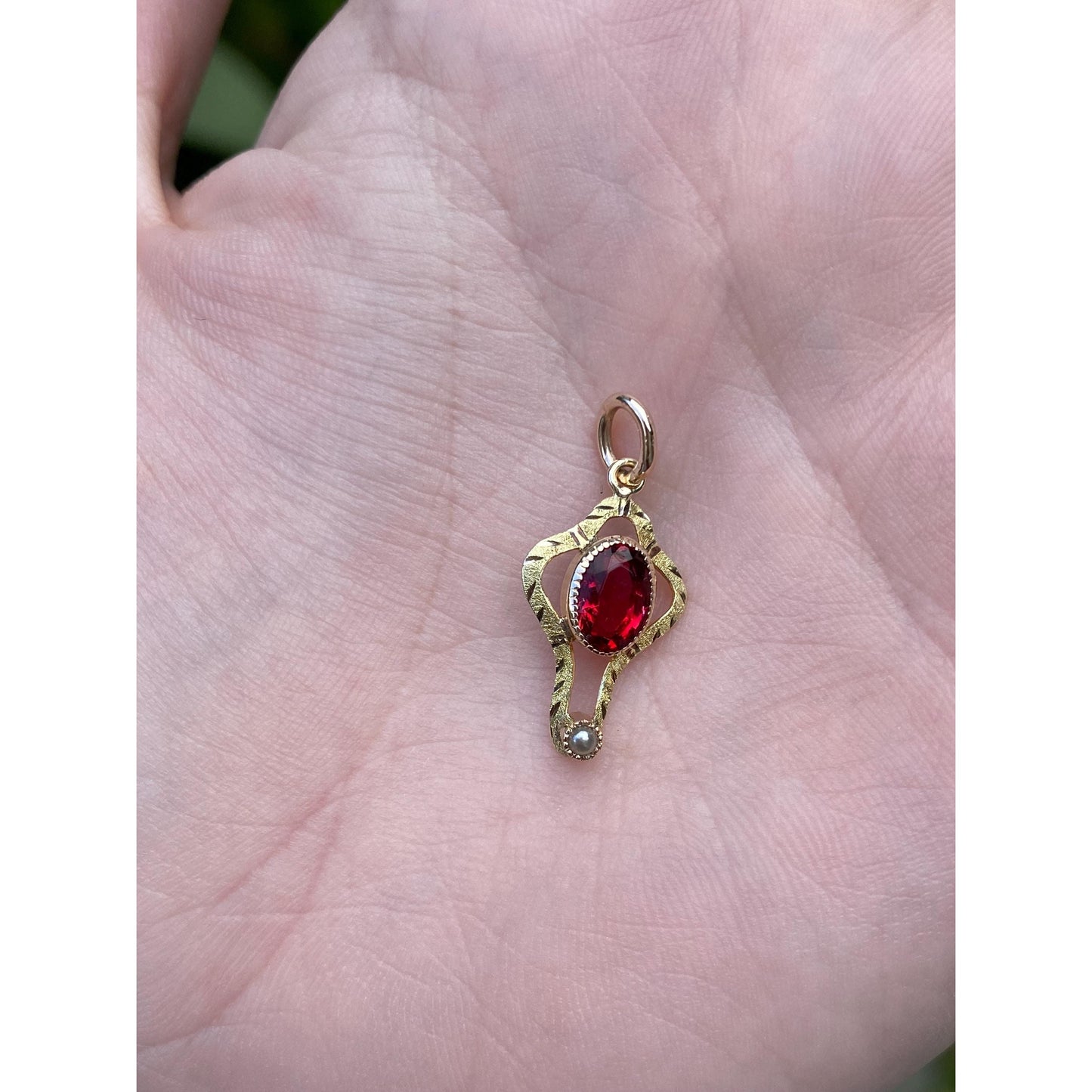 Vintage Solid 14k Yellow Gold Red Cubic Zirconia Seed Pearl Stick Pin Conversion Charm