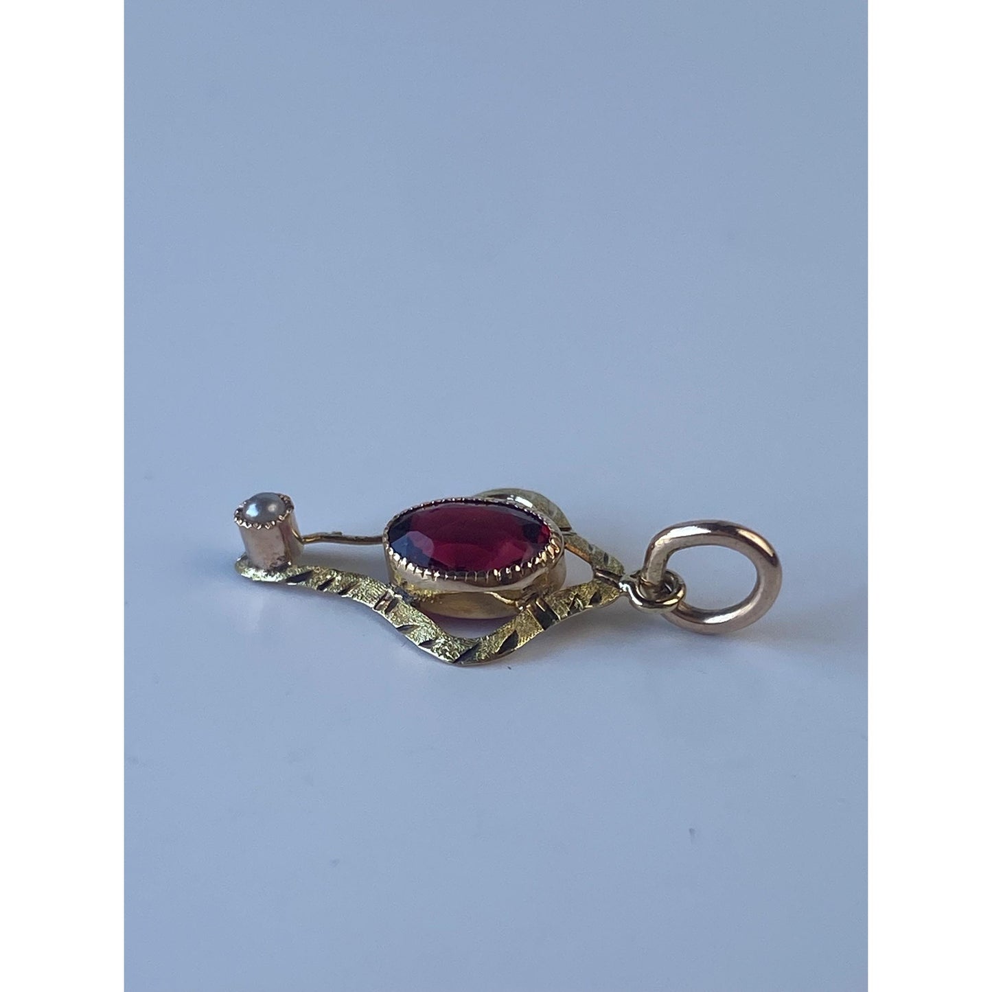 Vintage Solid 14k Yellow Gold Red Cubic Zirconia Seed Pearl Stick Pin Conversion Charm