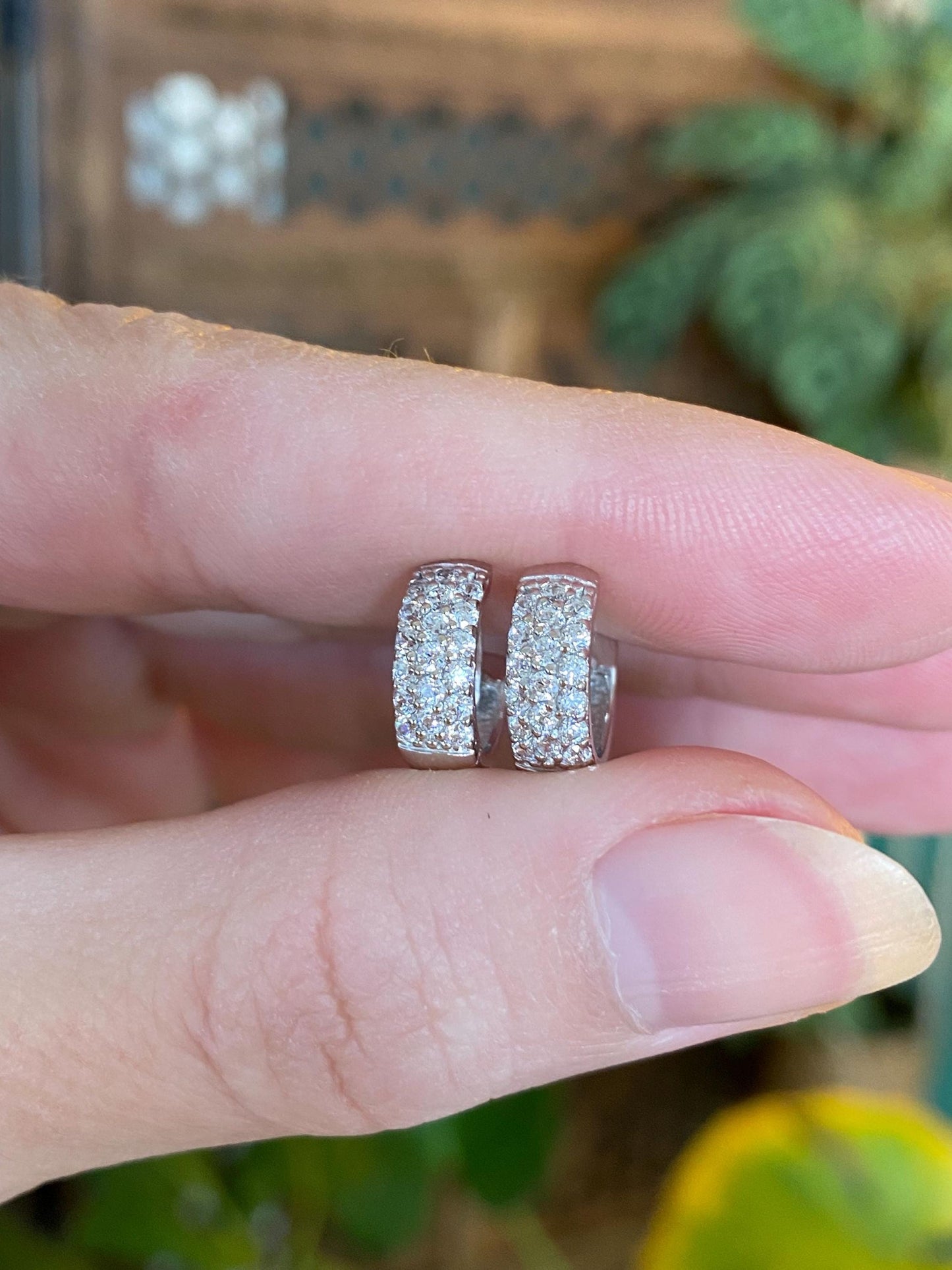 Vintage Solid 14k White Gold Cubic Zirconia Huggie Hoop Earrings
