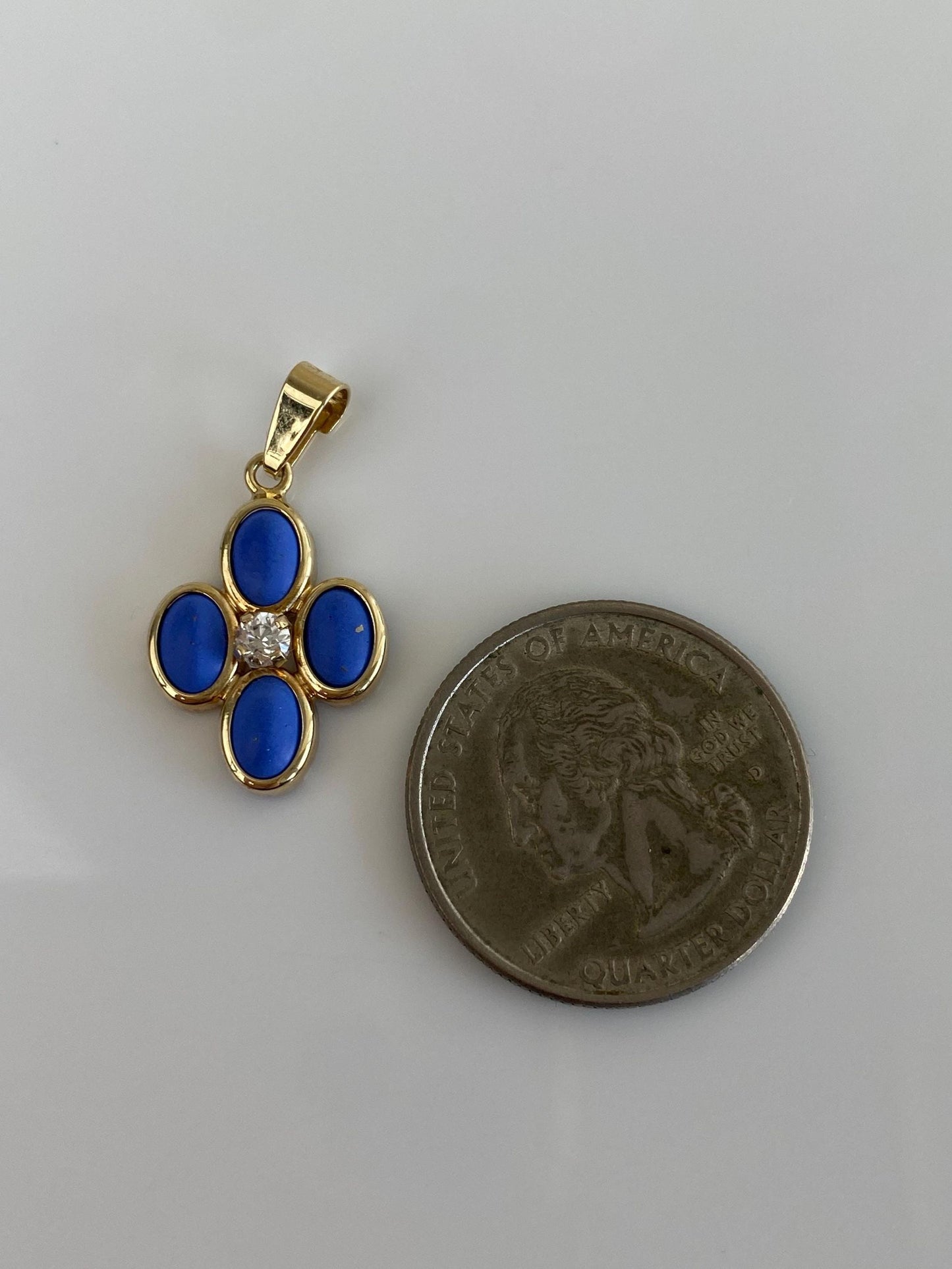 Vintage Solid 14k Yellow Gold Clear Cubic Zirconia Blue Stone Charm