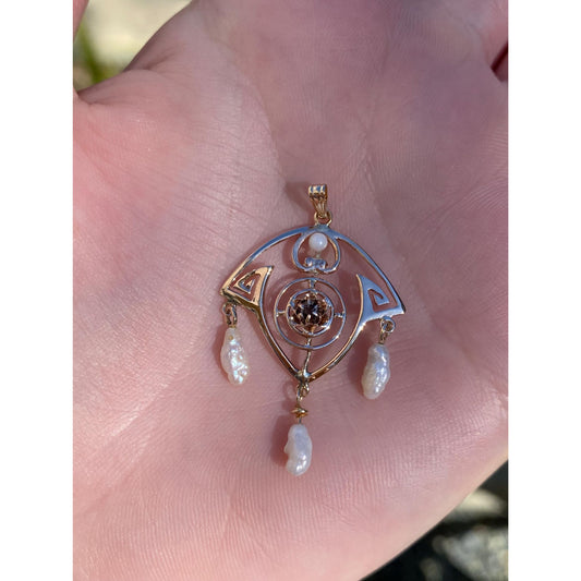 Vintage Solid 10k Yellow Gold Pearl Black Spinel Dangle Charm