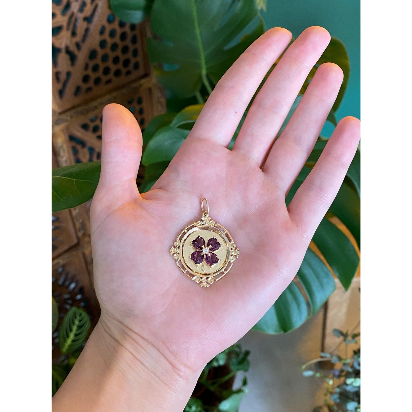 Vintage Solid 14k Yellow Gold Clear Spinel Purple Cubic Zirconia Charm