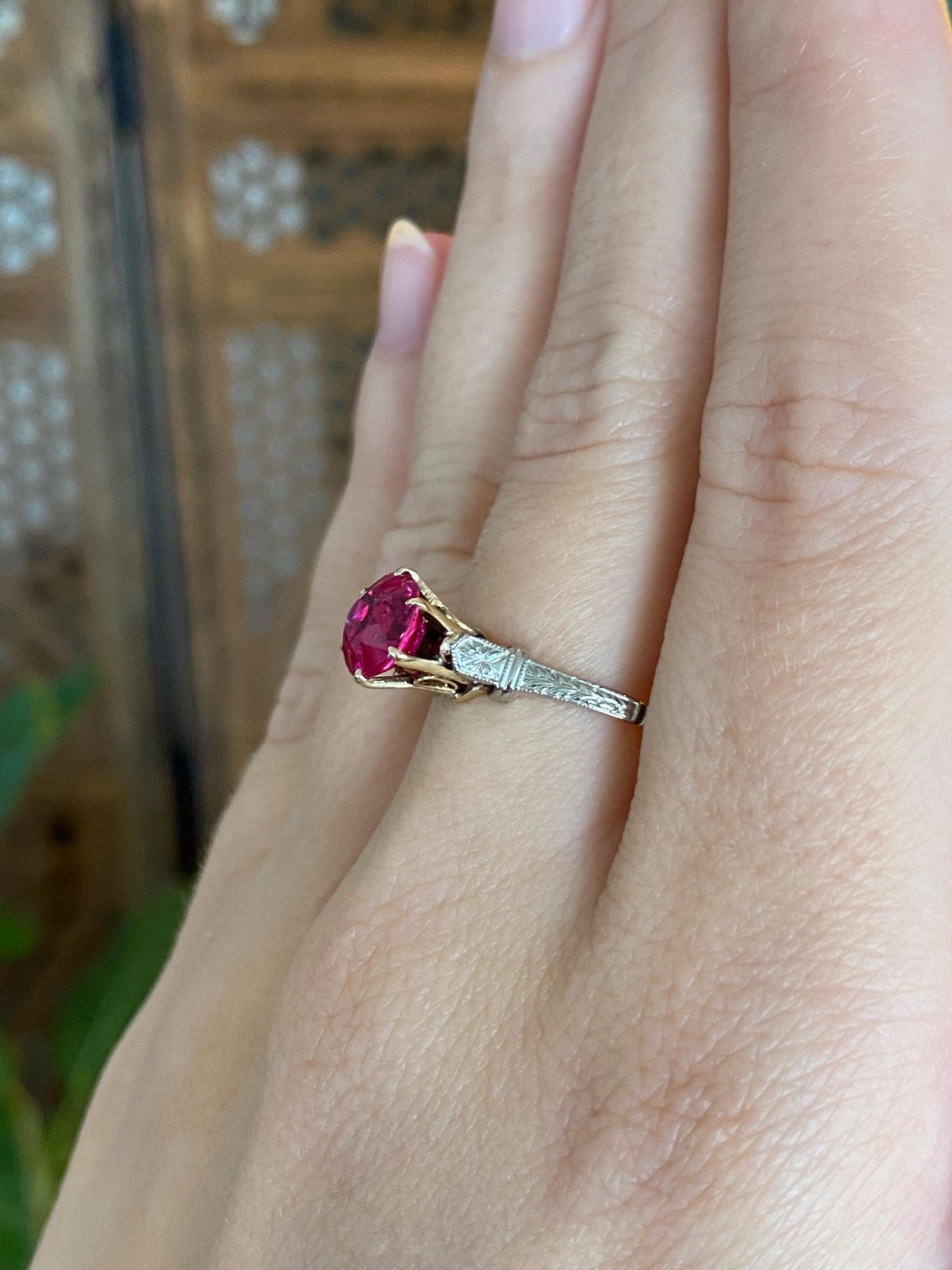 Vintage Solid 10k White & Yellow Gold Pink Sapphire Ring - Size 8.25