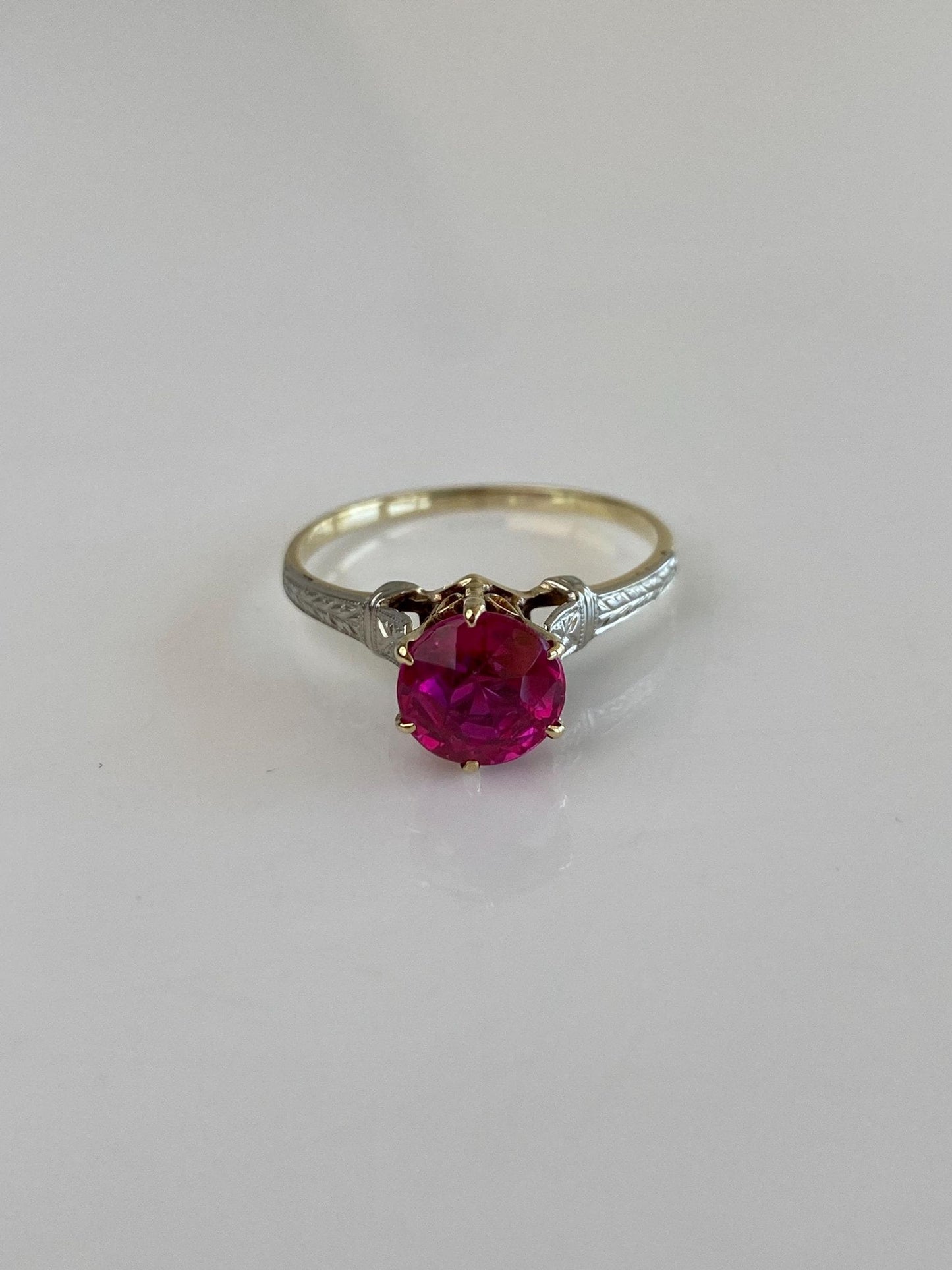Vintage Solid 10k White & Yellow Gold Pink Sapphire Ring - Size 8.25
