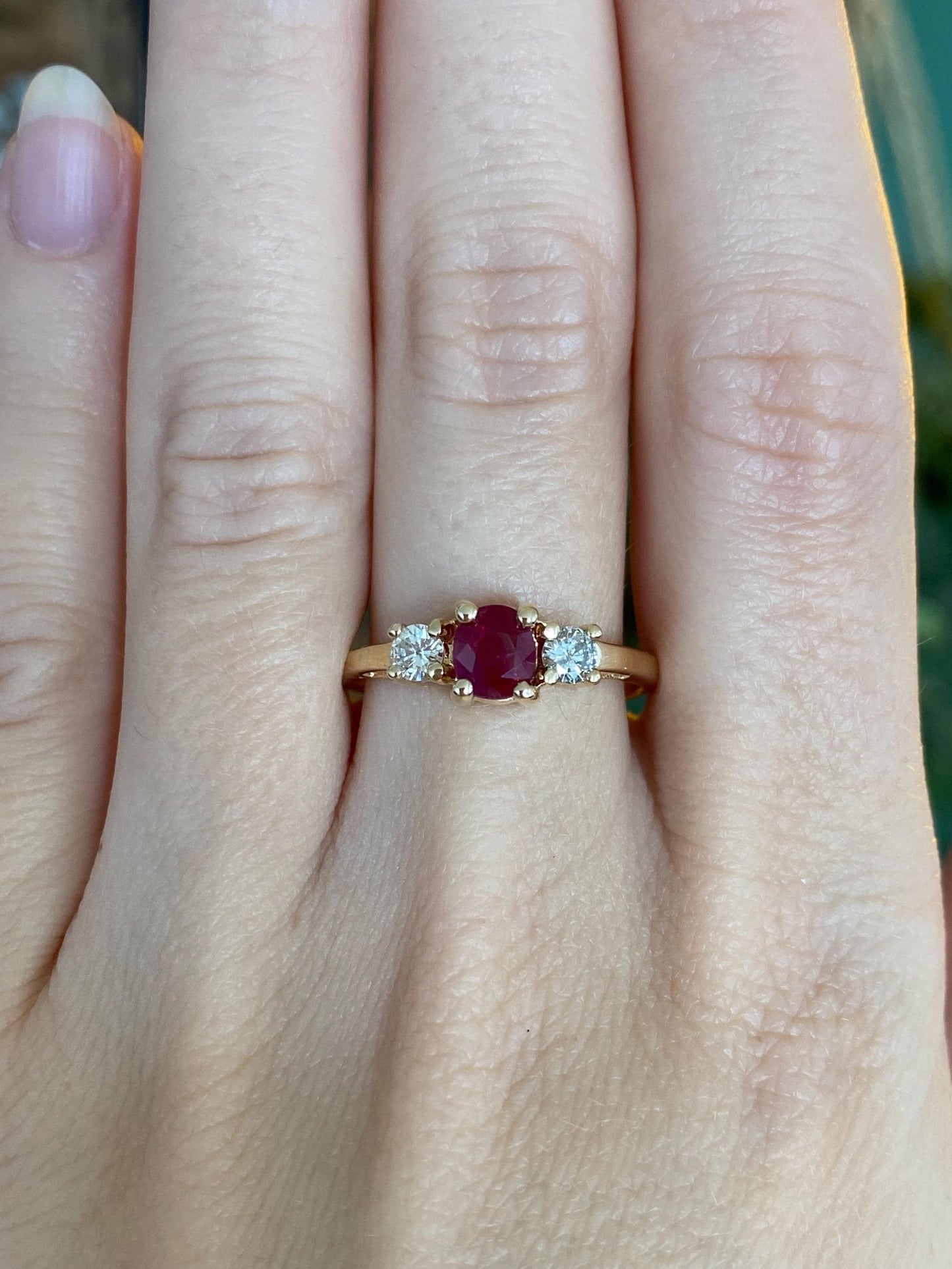 Solid 14k Yellow Gold Ruby Diamonds Ring - Size 8.75