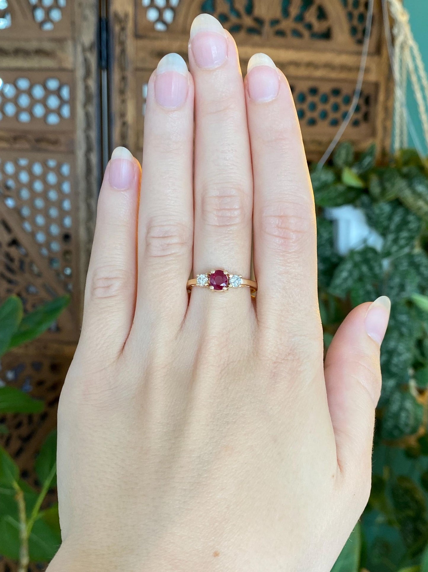 Solid 14k Yellow Gold Ruby Diamonds Ring - Size 8.75