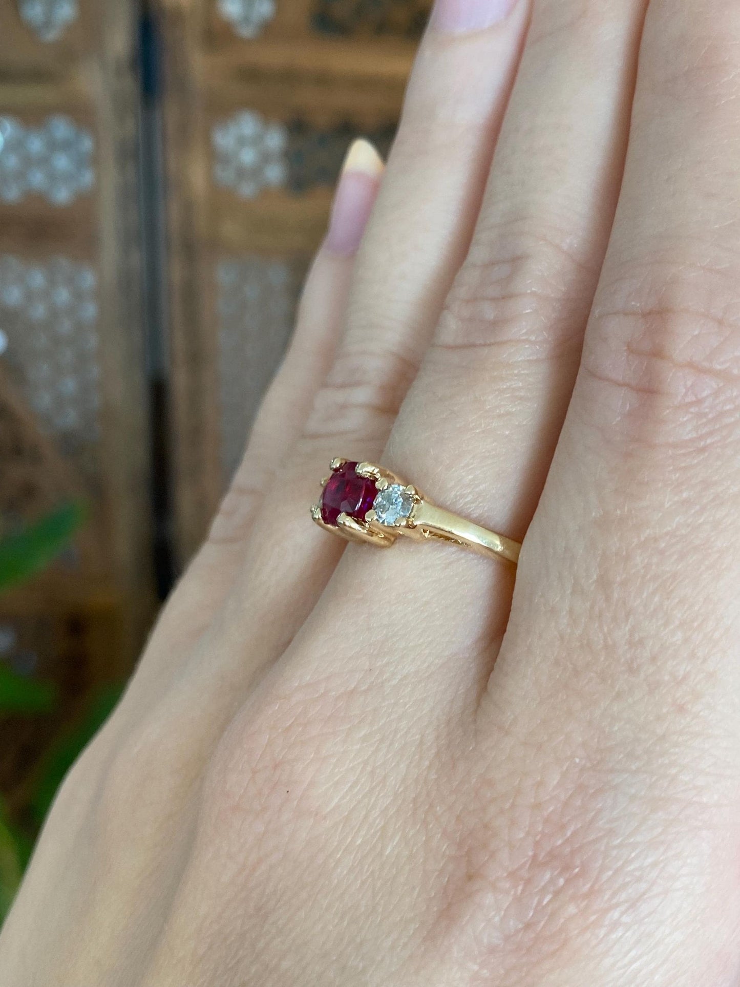 Solid 14k Yellow Gold Ruby Diamonds Ring - Size 8.75