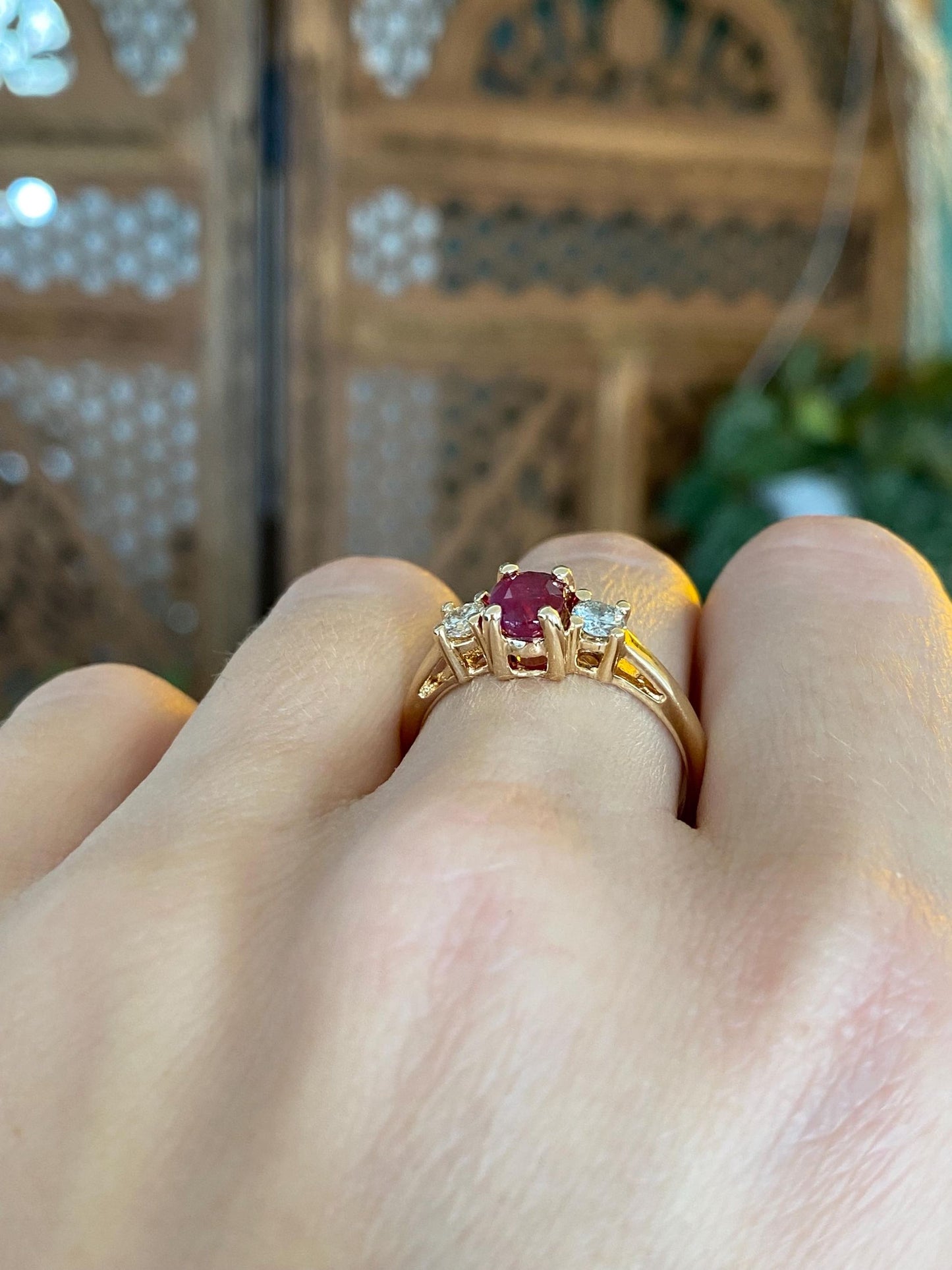 Solid 14k Yellow Gold Ruby Diamonds Ring - Size 8.75