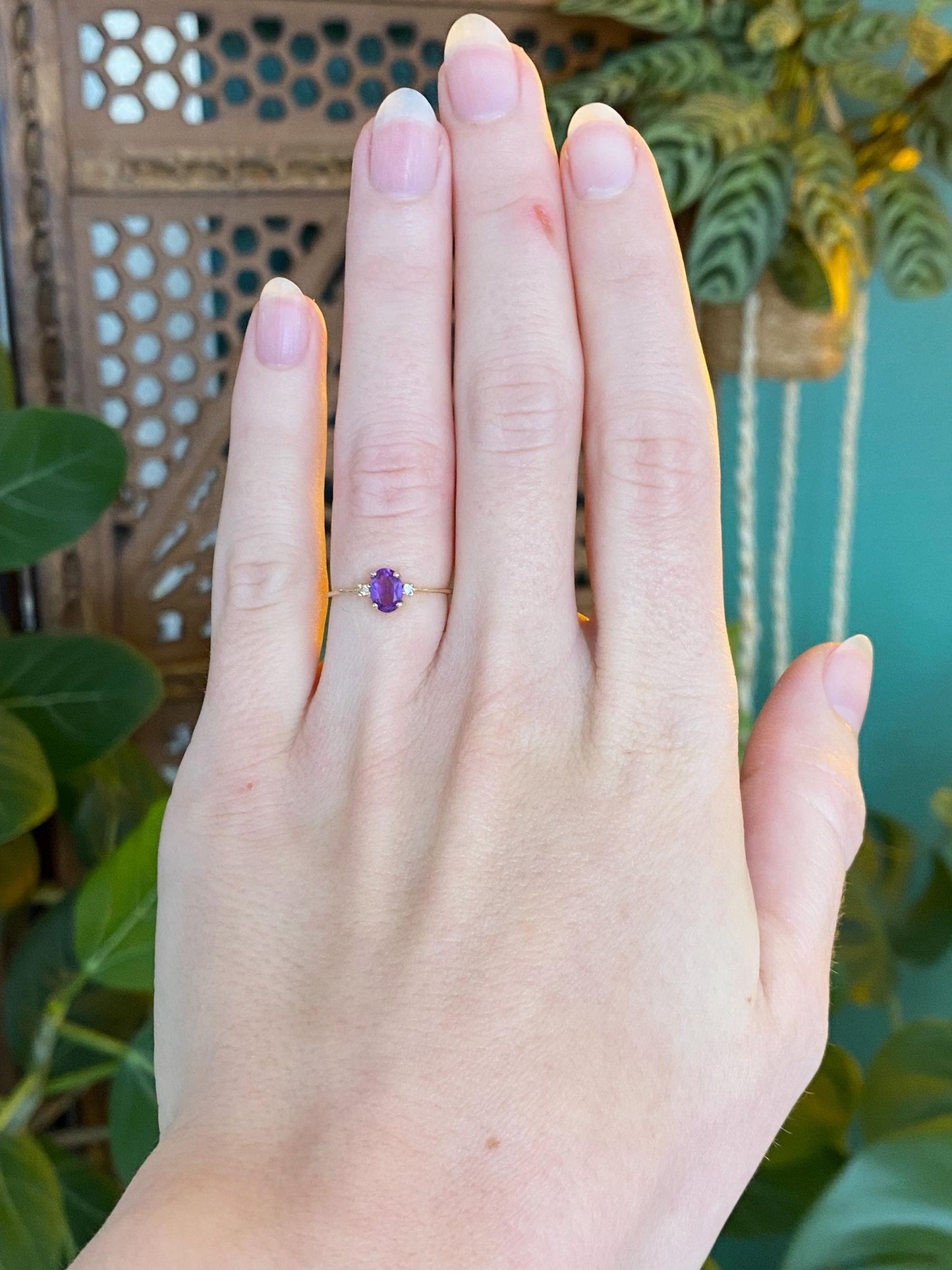 Vintage Solid 14k Yellow Gold Diamond Amethyst Ring - Size 4.5