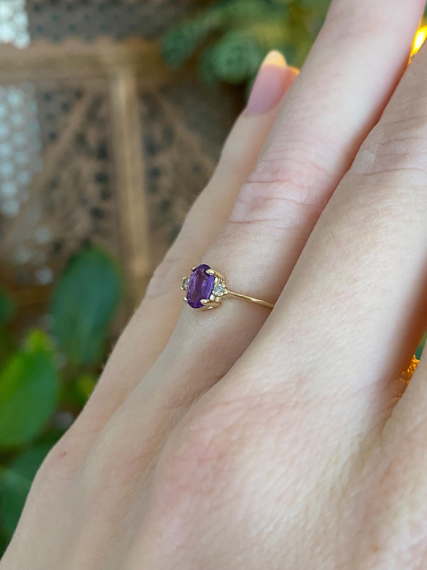 Vintage Solid 14k Yellow Gold Diamond Amethyst Ring - Size 4.5