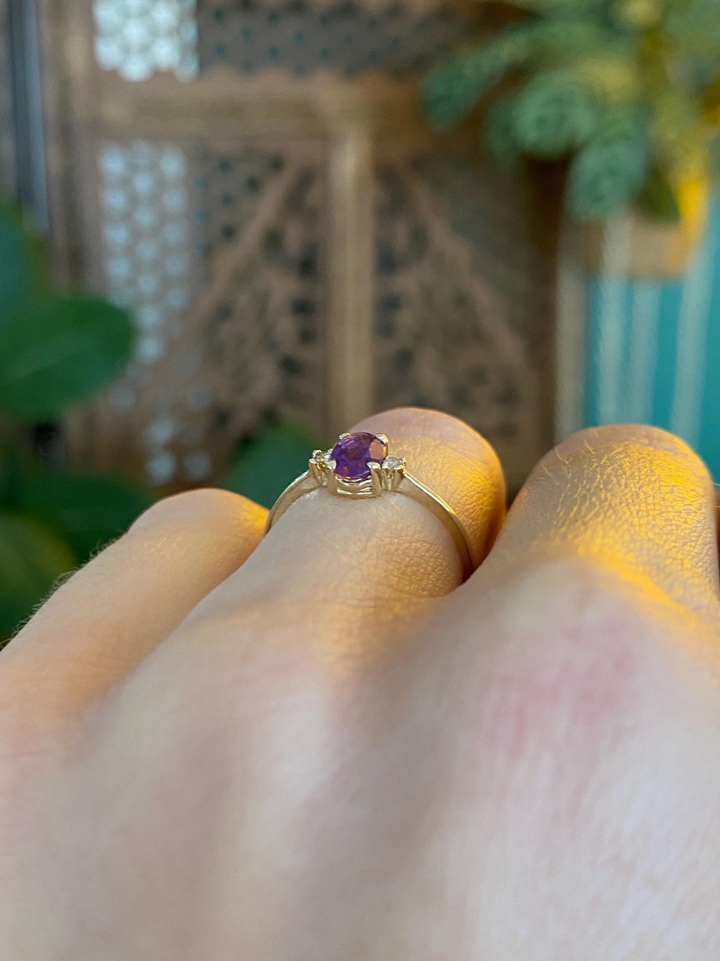 Vintage Solid 14k Yellow Gold Diamond Amethyst Ring - Size 4.5