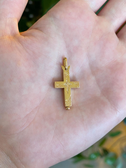 Solid 20k Yellow Gold Engraved Cross Capsule Locket Charm