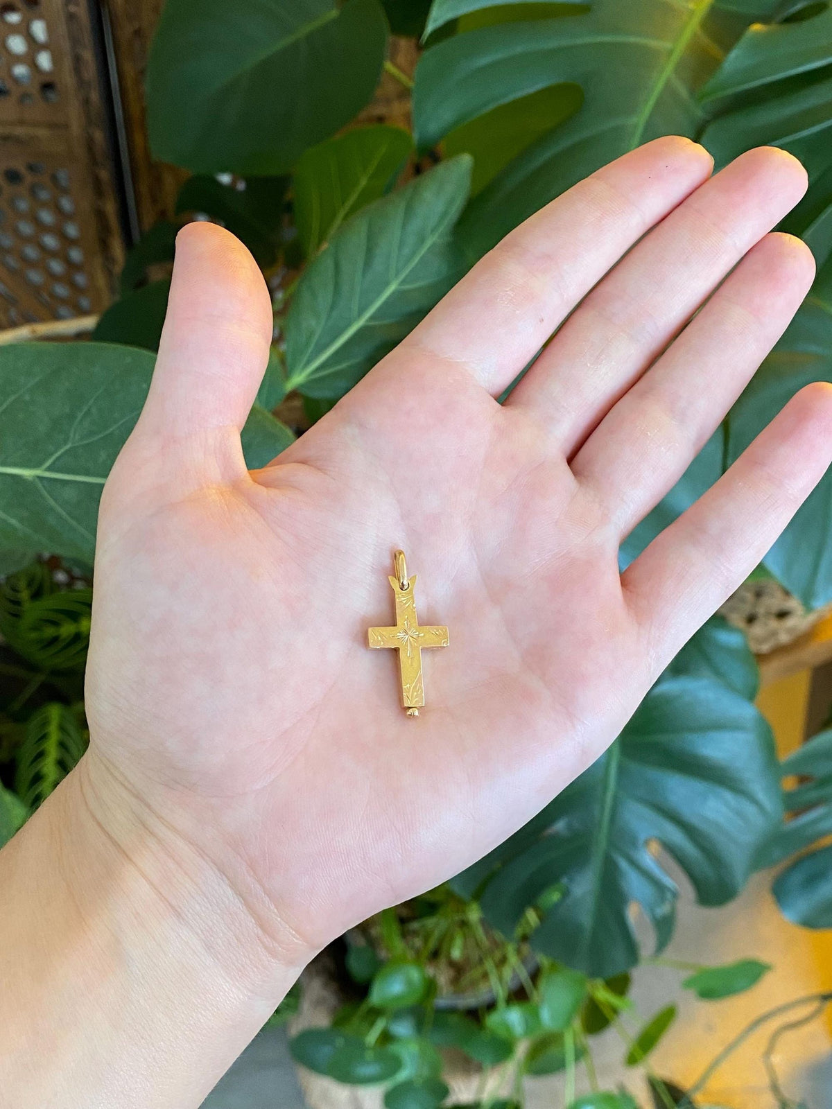 Solid 20k Yellow Gold Engraved Cross Capsule Locket Charm