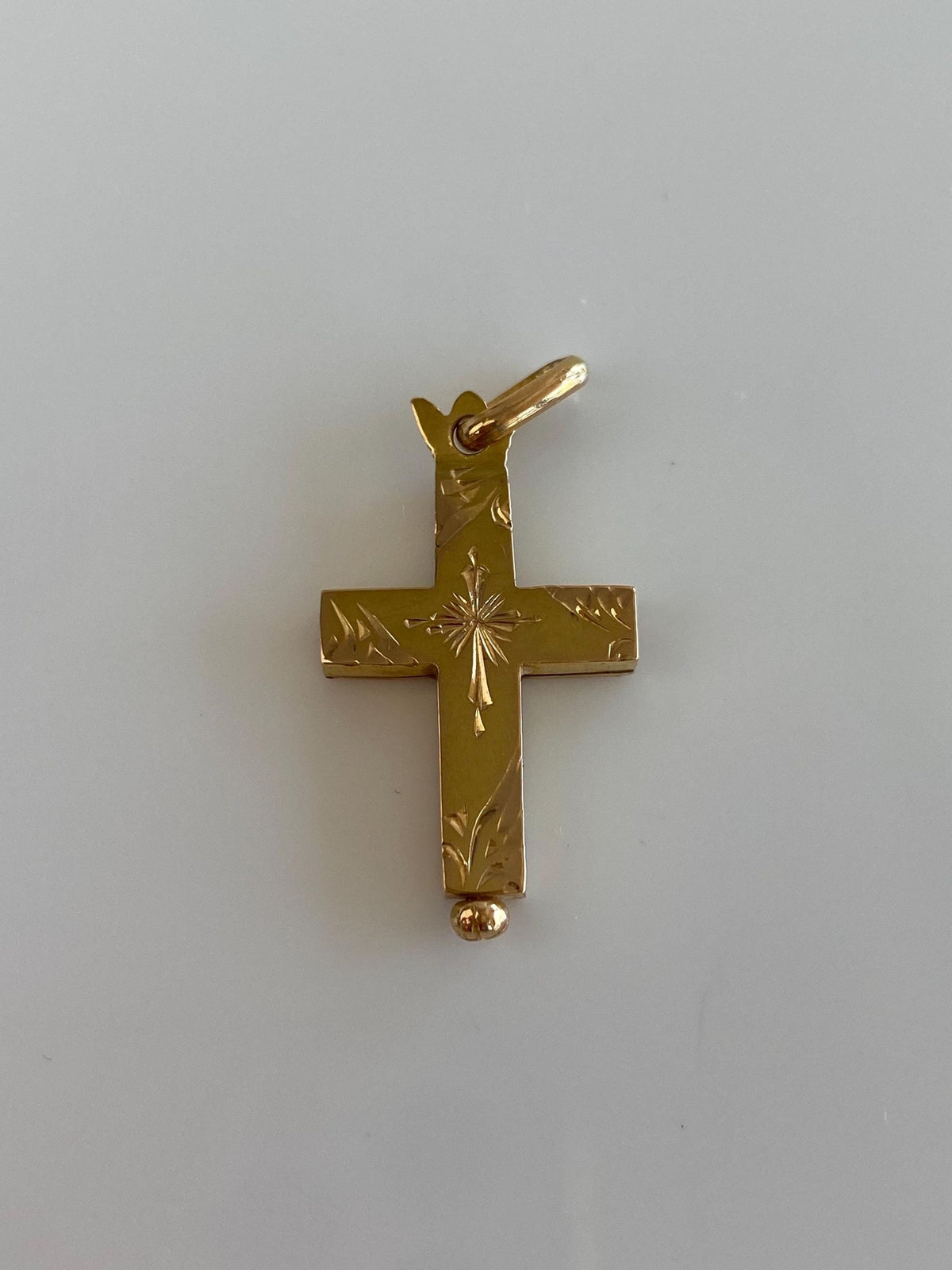 Solid 20k Yellow Gold Engraved Cross Capsule Locket Charm