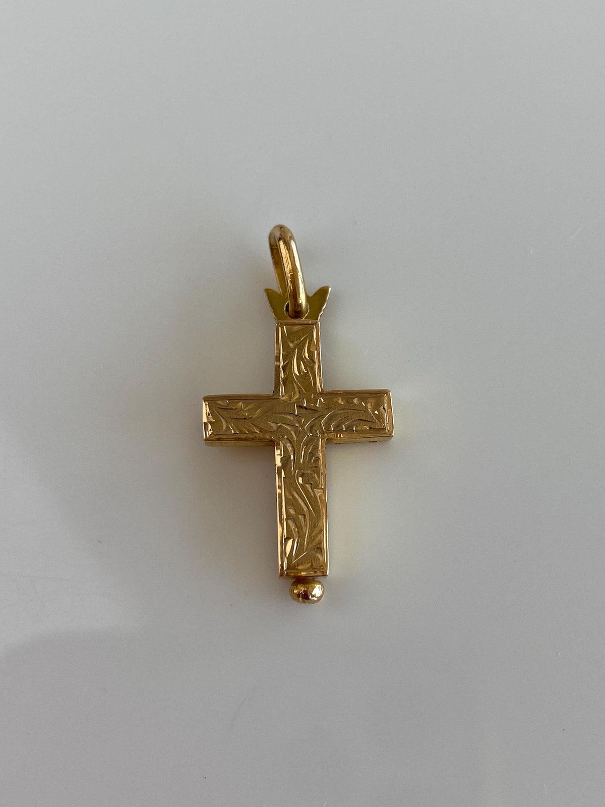 Solid 20k Yellow Gold Engraved Cross Capsule Locket Charm