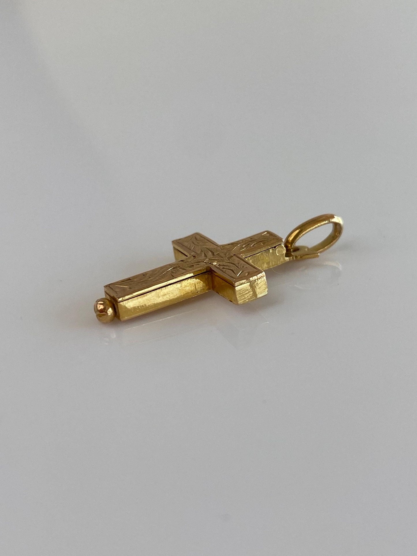 Solid 20k Yellow Gold Engraved Cross Capsule Locket Charm