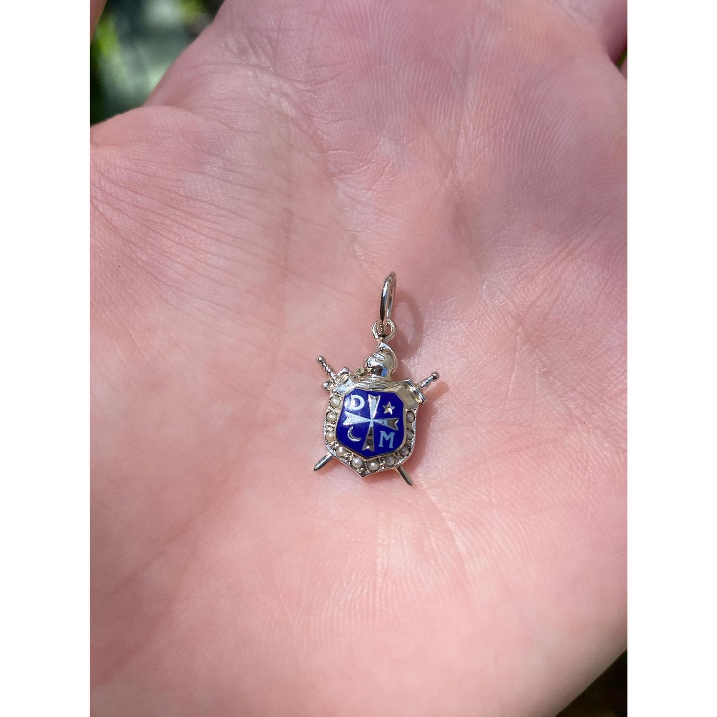 Vintage Solid 18k White Gold DeMolay Enamel Seed Pearls Shield Sword Charm