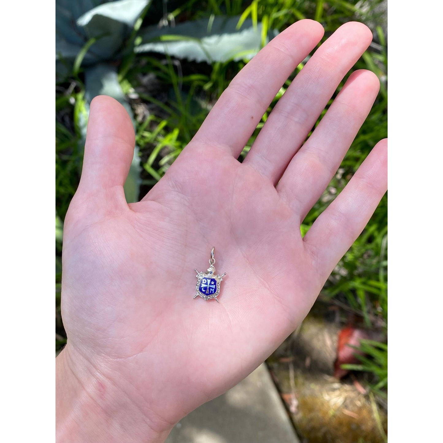 Vintage Solid 18k White Gold DeMolay Enamel Seed Pearls Shield Sword Charm