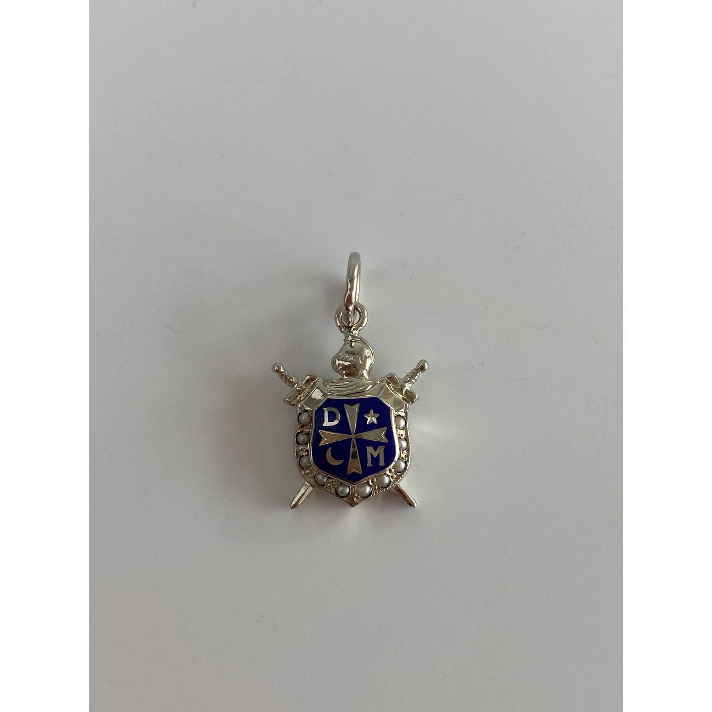 Vintage Solid 18k White Gold DeMolay Enamel Seed Pearls Shield Sword Charm
