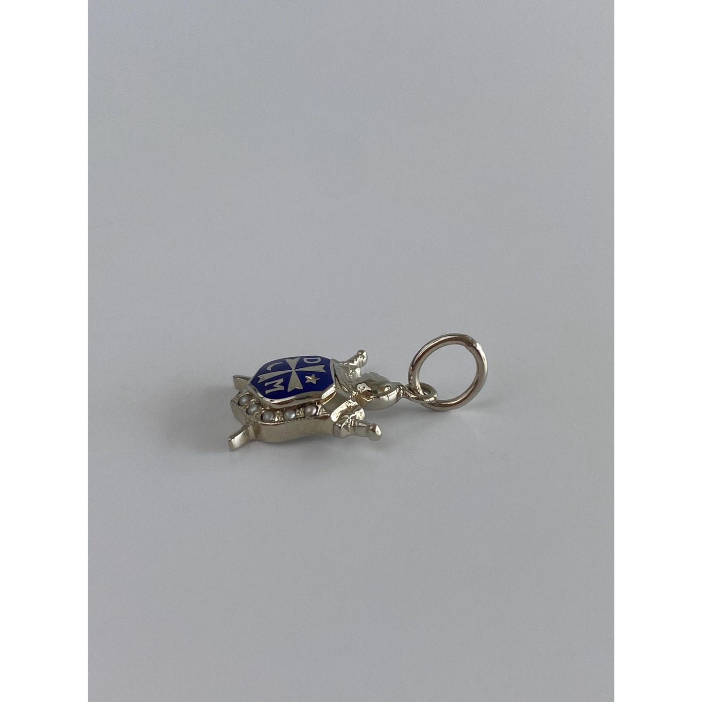 Vintage Solid 18k White Gold DeMolay Enamel Seed Pearls Shield Sword Charm