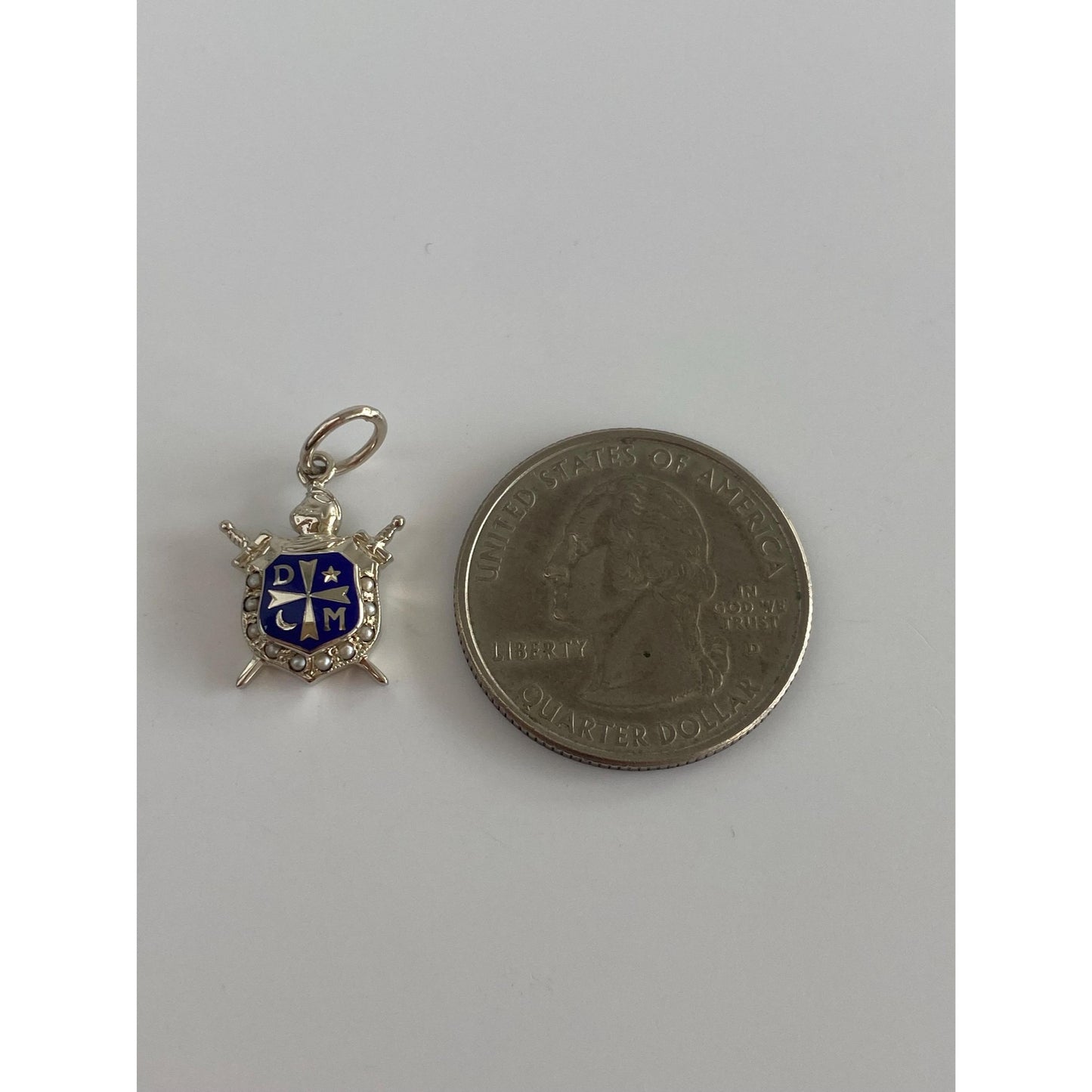 Vintage Solid 18k White Gold DeMolay Enamel Seed Pearls Shield Sword Charm