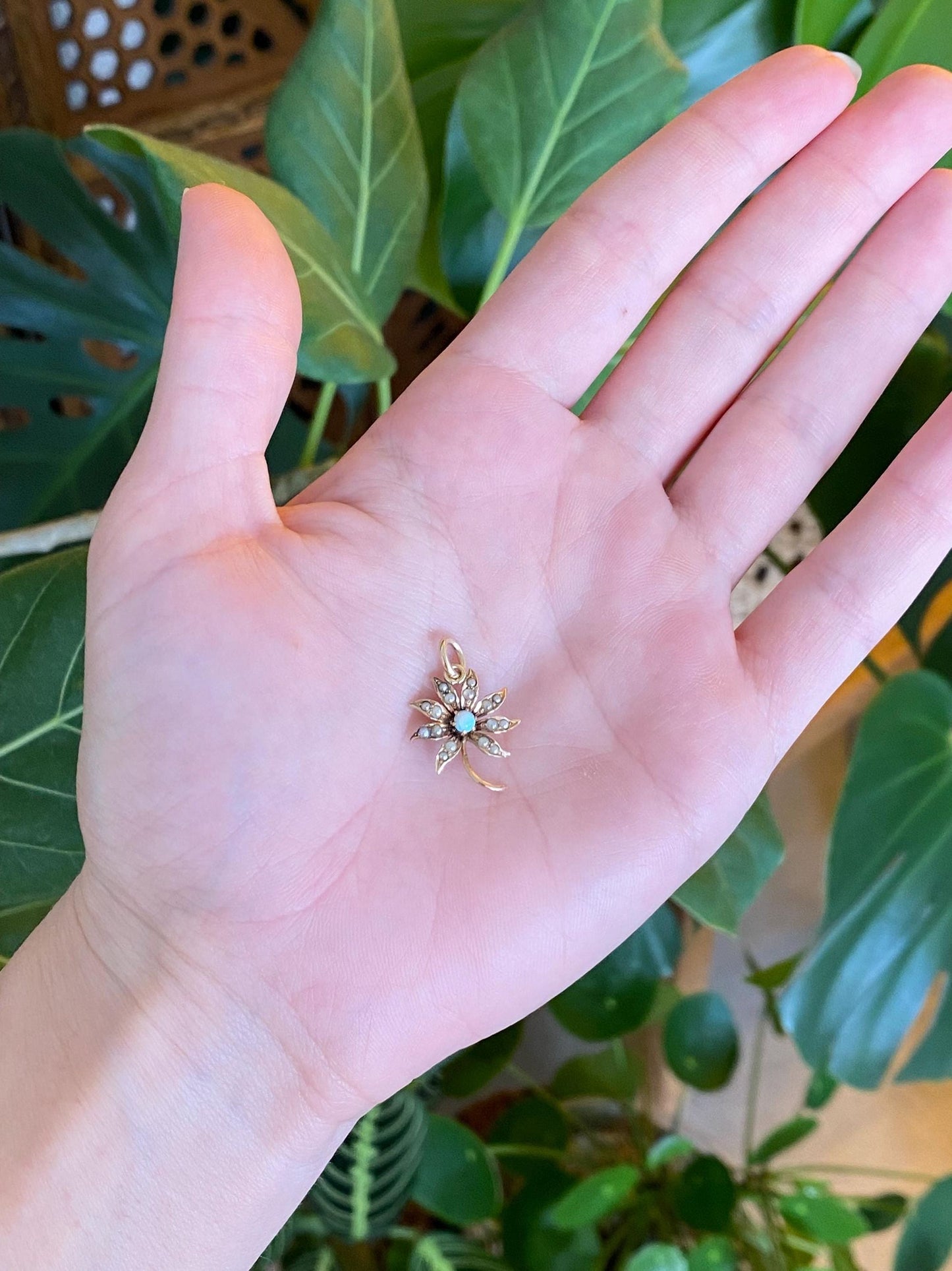 Vintage Solid 10k Yellow Gold Opal Seed Pearls Flower Charm
