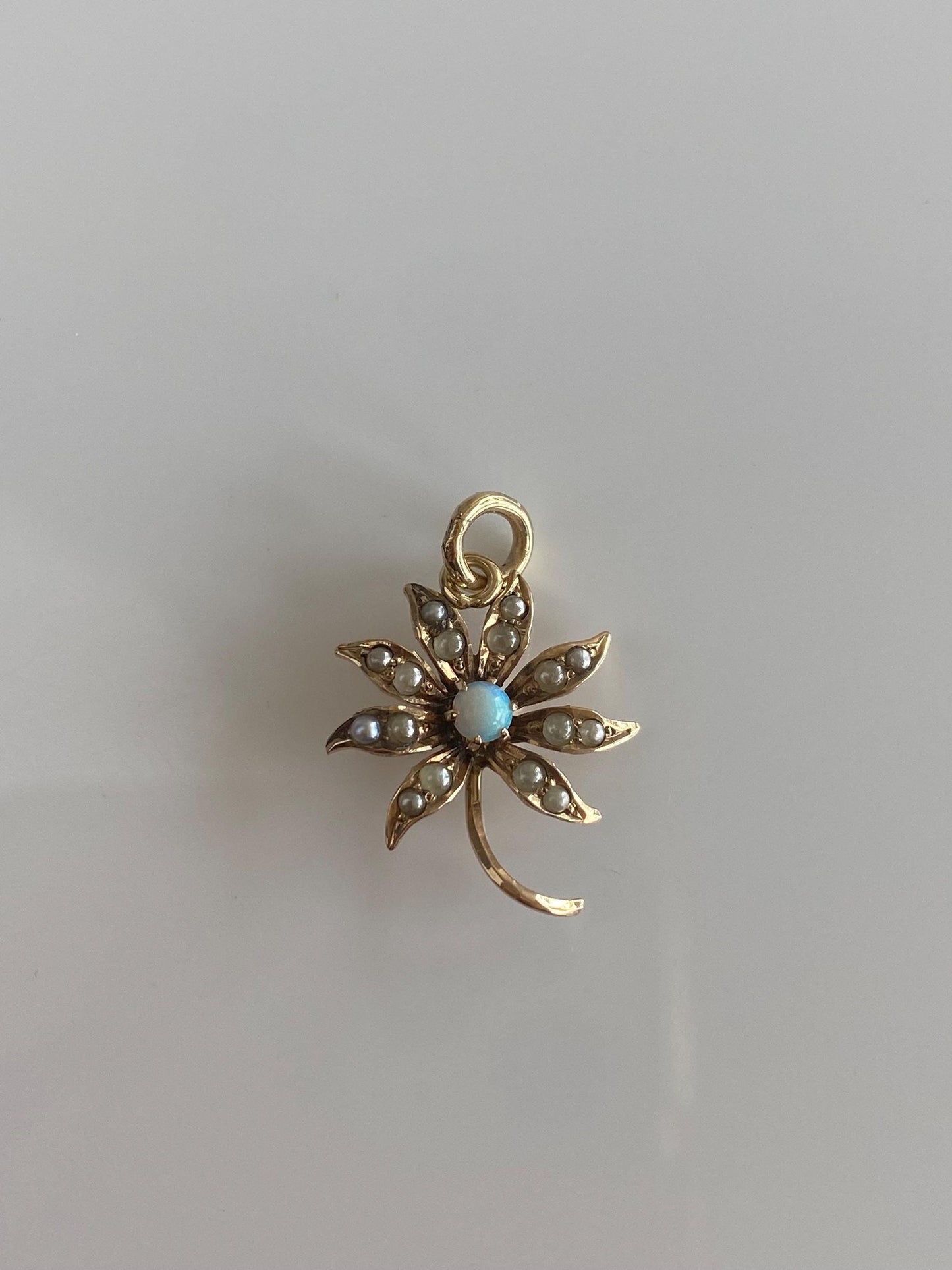 Vintage Solid 10k Yellow Gold Opal Seed Pearls Flower Charm