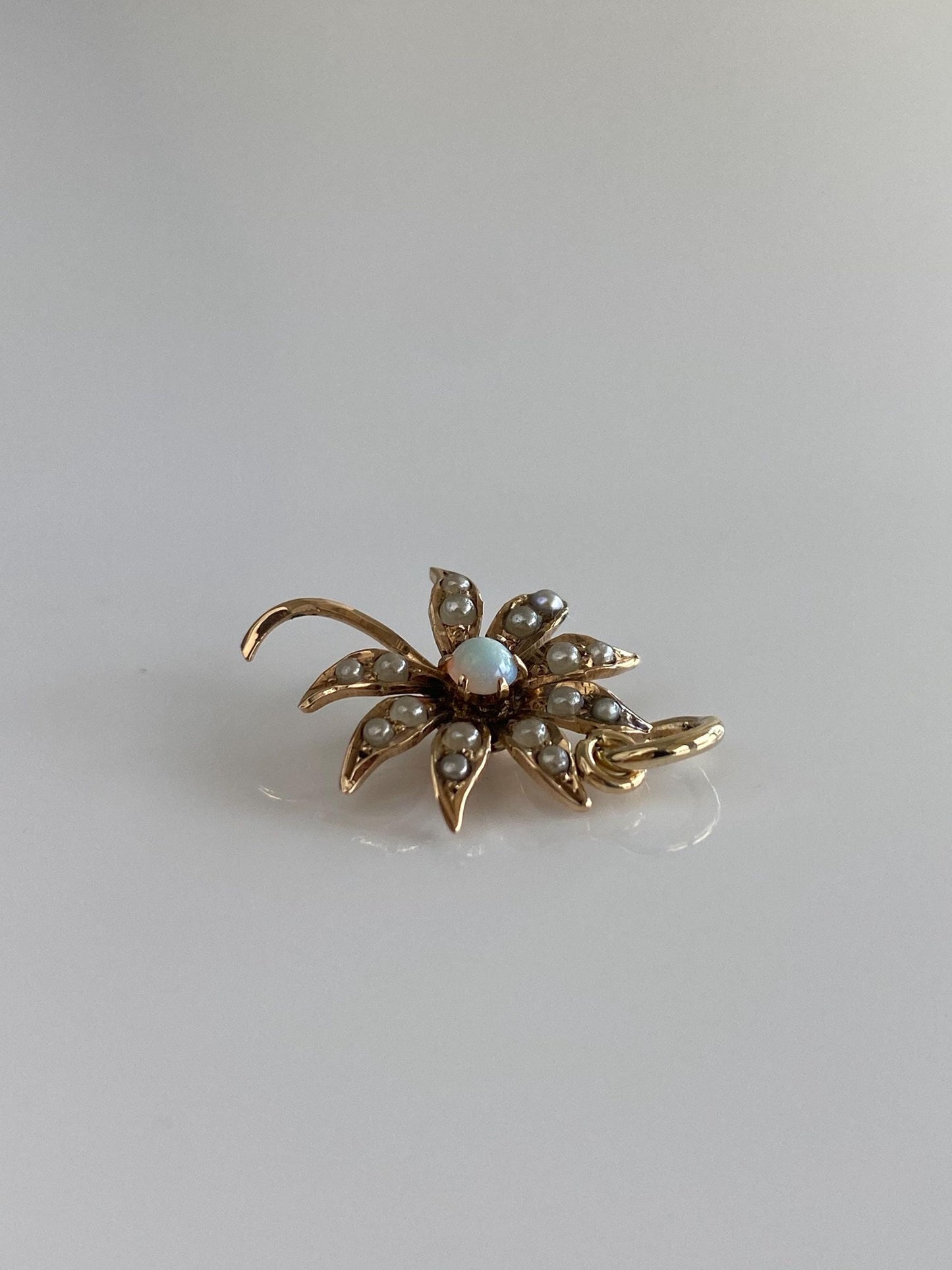 Vintage Solid 10k Yellow Gold Opal Seed Pearls Flower Charm