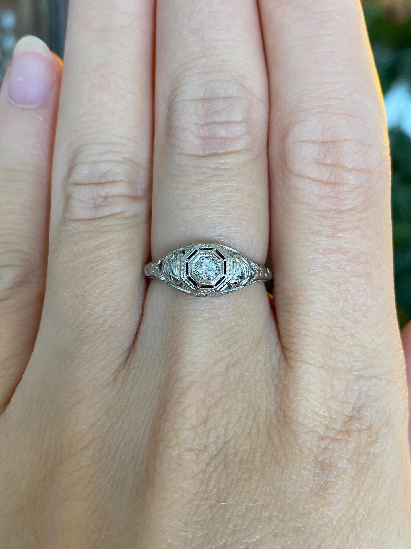 Vintage Solid 18k White Gold Enamel Diamond Art Deco Ring - Size 6.25
