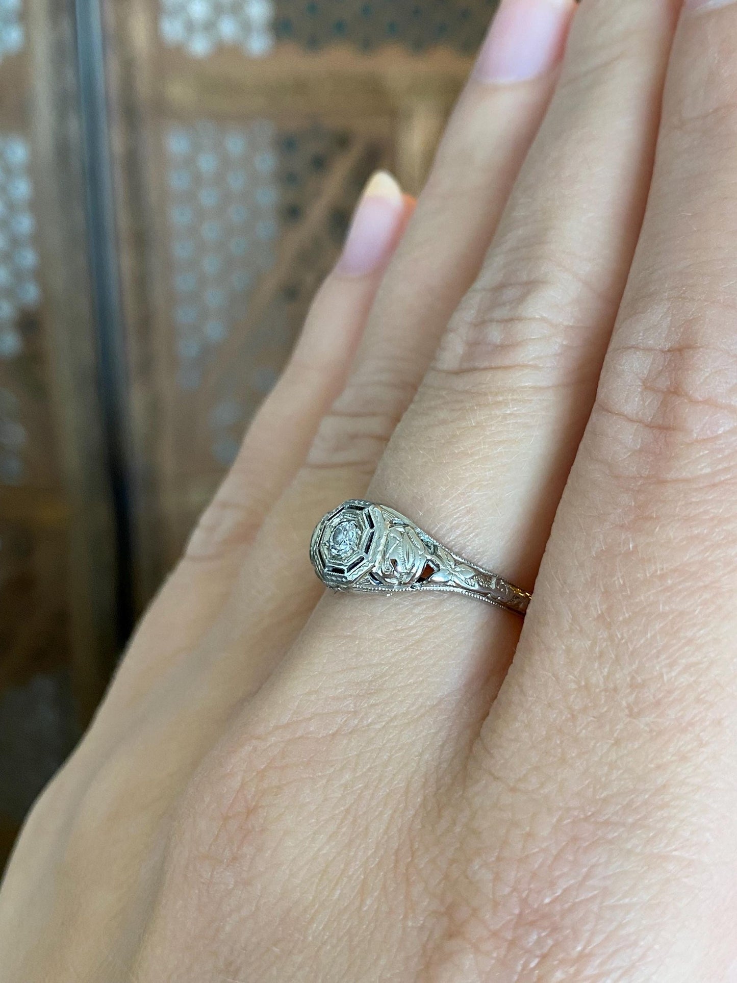 Vintage Solid 18k White Gold Enamel Diamond Art Deco Ring - Size 6.25