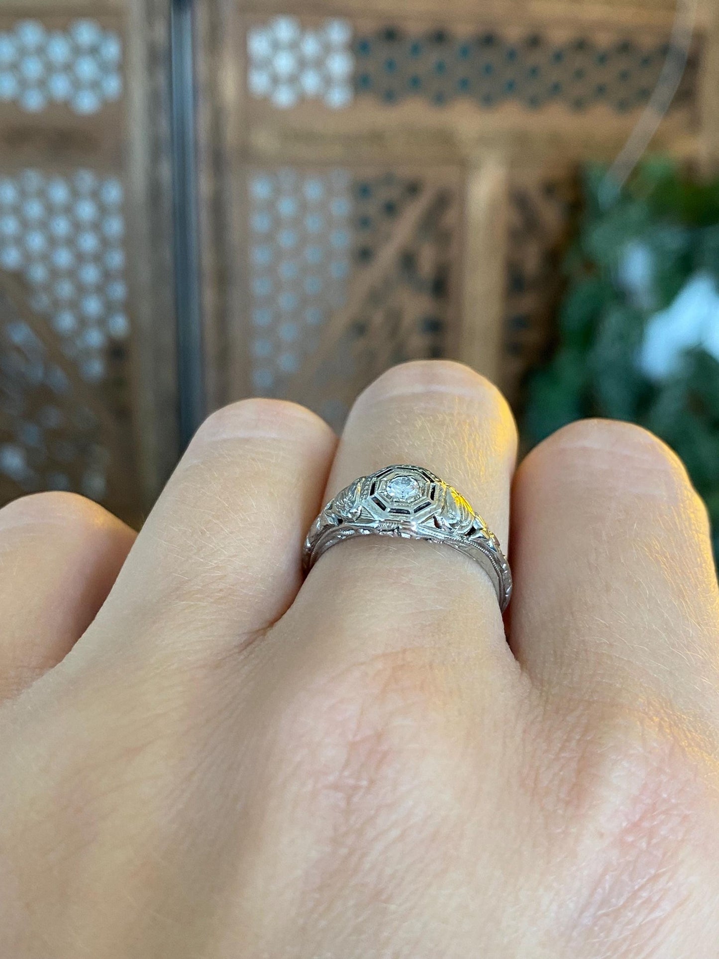 Vintage Solid 18k White Gold Enamel Diamond Art Deco Ring - Size 6.25