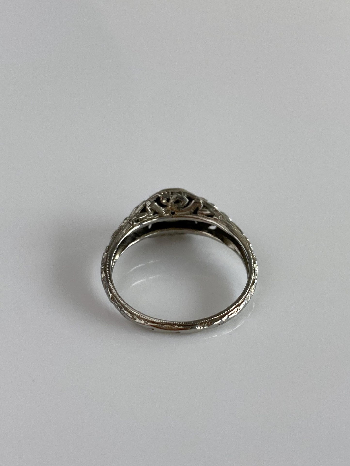 Vintage Solid 18k White Gold Enamel Diamond Art Deco Ring - Size 6.25