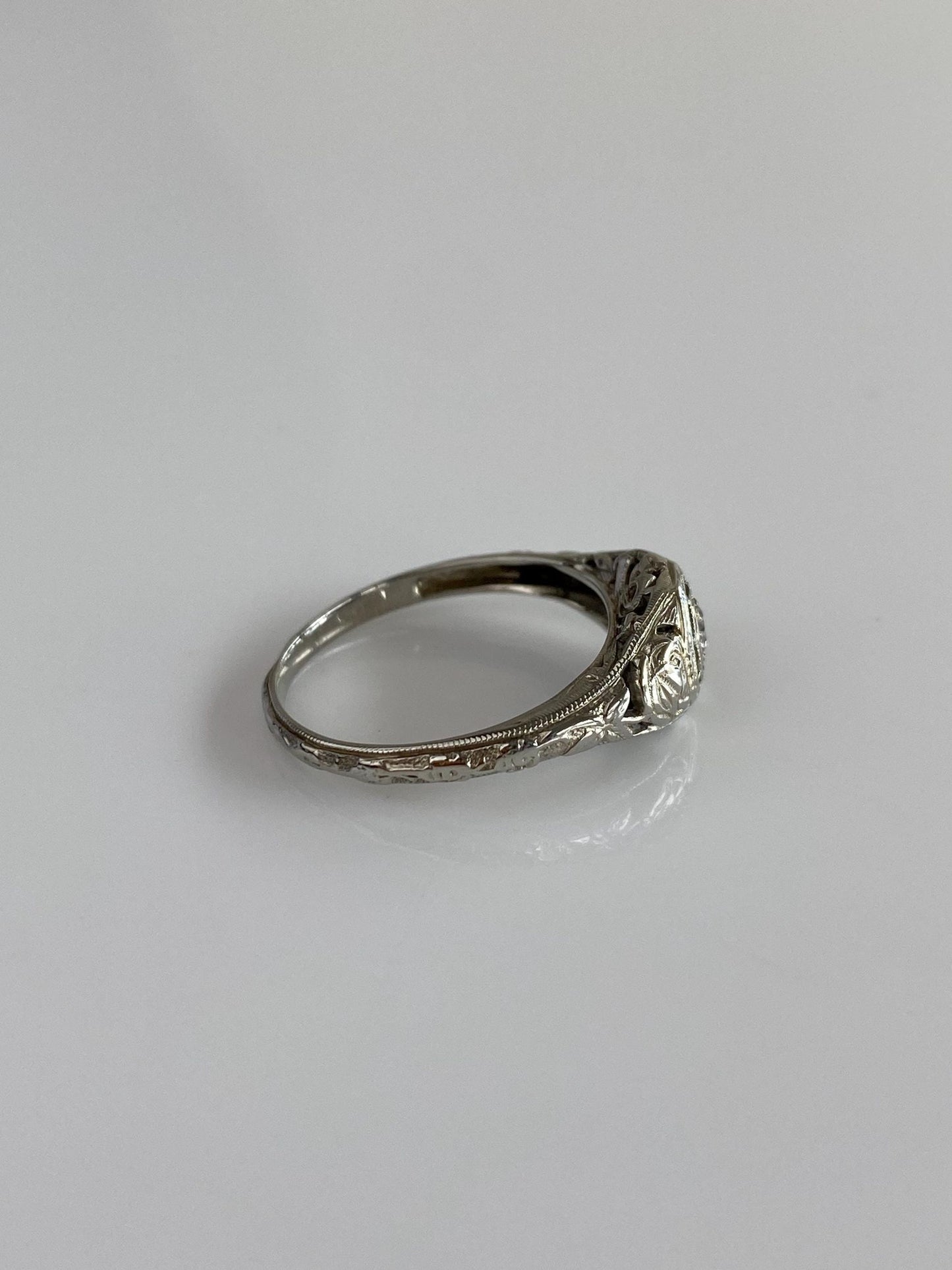 Vintage Solid 18k White Gold Enamel Diamond Art Deco Ring - Size 6.25